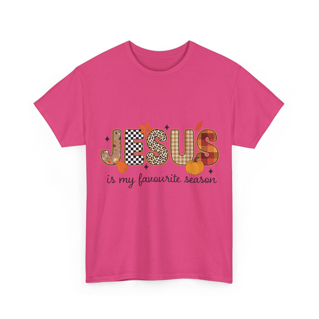 Jesus Is My Favorite Season Tee — Autumn Plaid & Leopard Lettering Unisex Cotton Tee