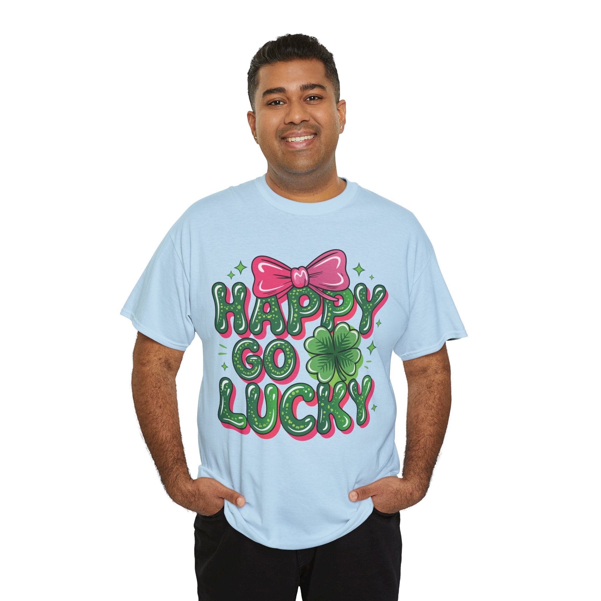 Happy Go Lucky Four-Leaf Clover Tee — Glossy Green Letters & Pink Bow Unisex Cotton Tee