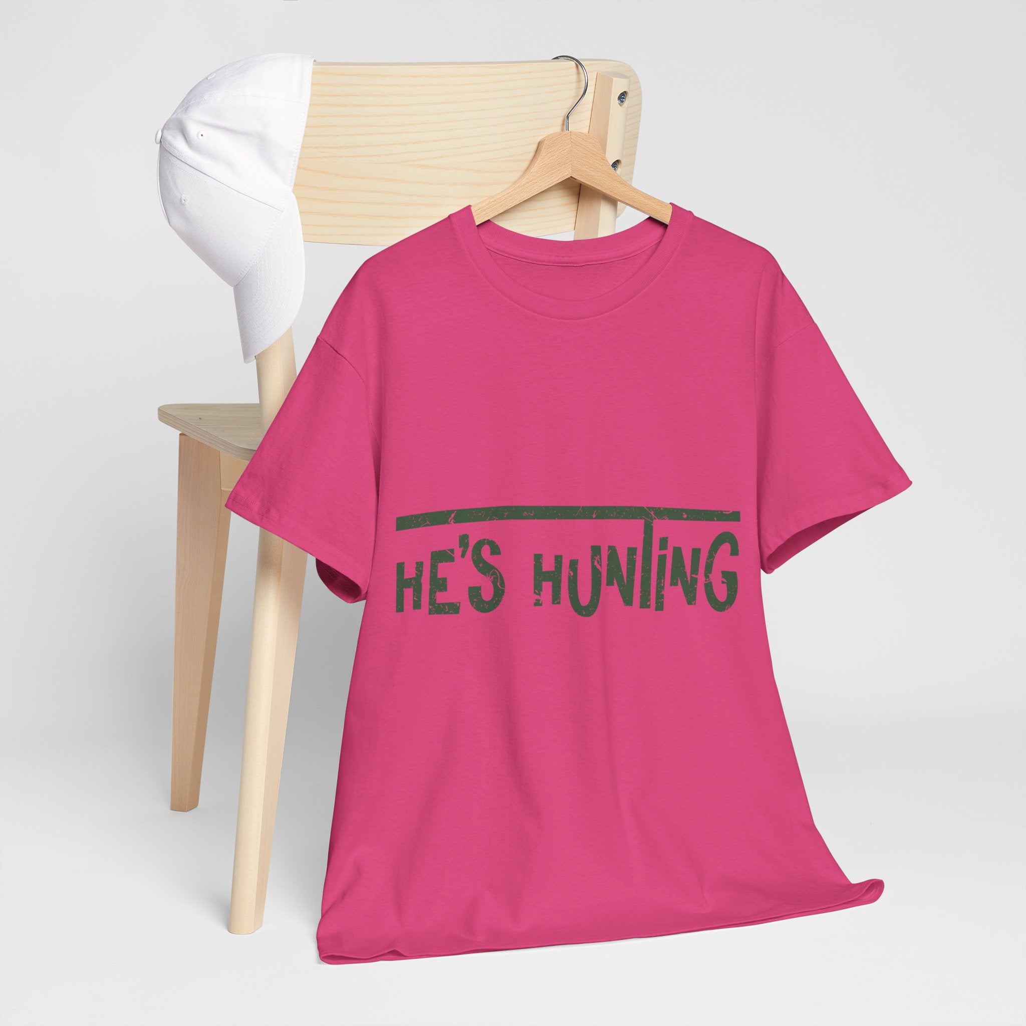 He’s Hunting Distressed Tee — Minimalist Tan Hunting Unisex Cotton Tshirt