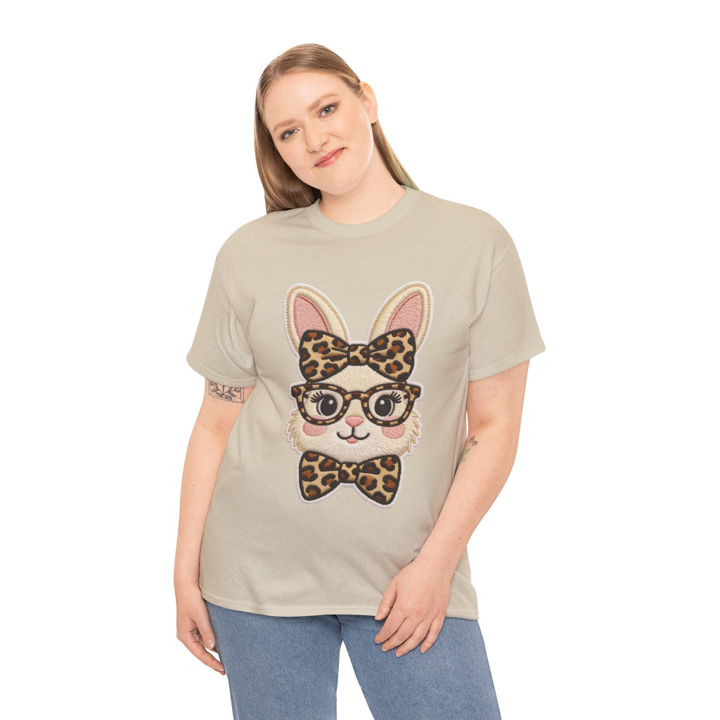 Leopard Bow Bunny Embroidered Tee — Cute Bunny Face with Glasses Patch Unisex Cotton Tee