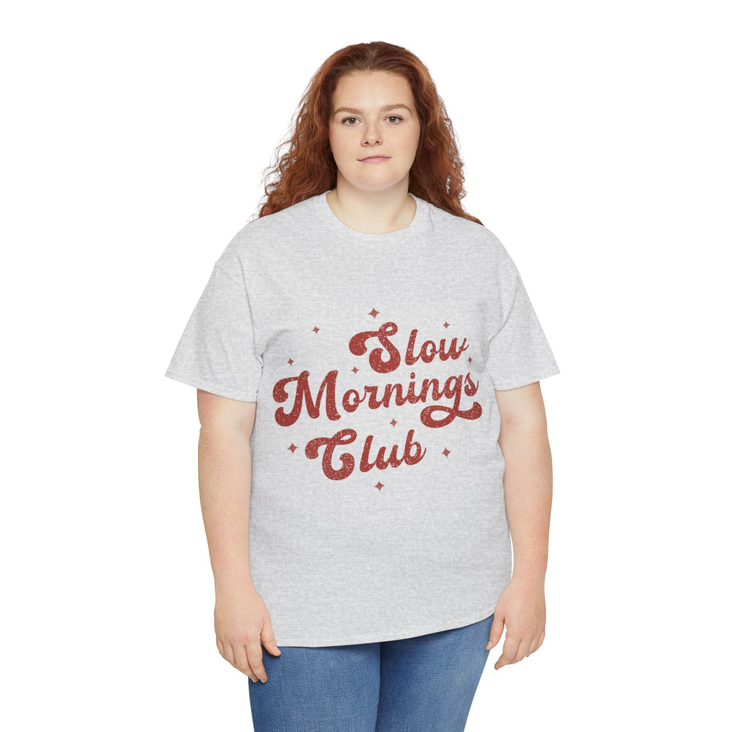 Slow Mornings Club T-Shirt — Retro Red Sparkle Unisex Cotton Tee