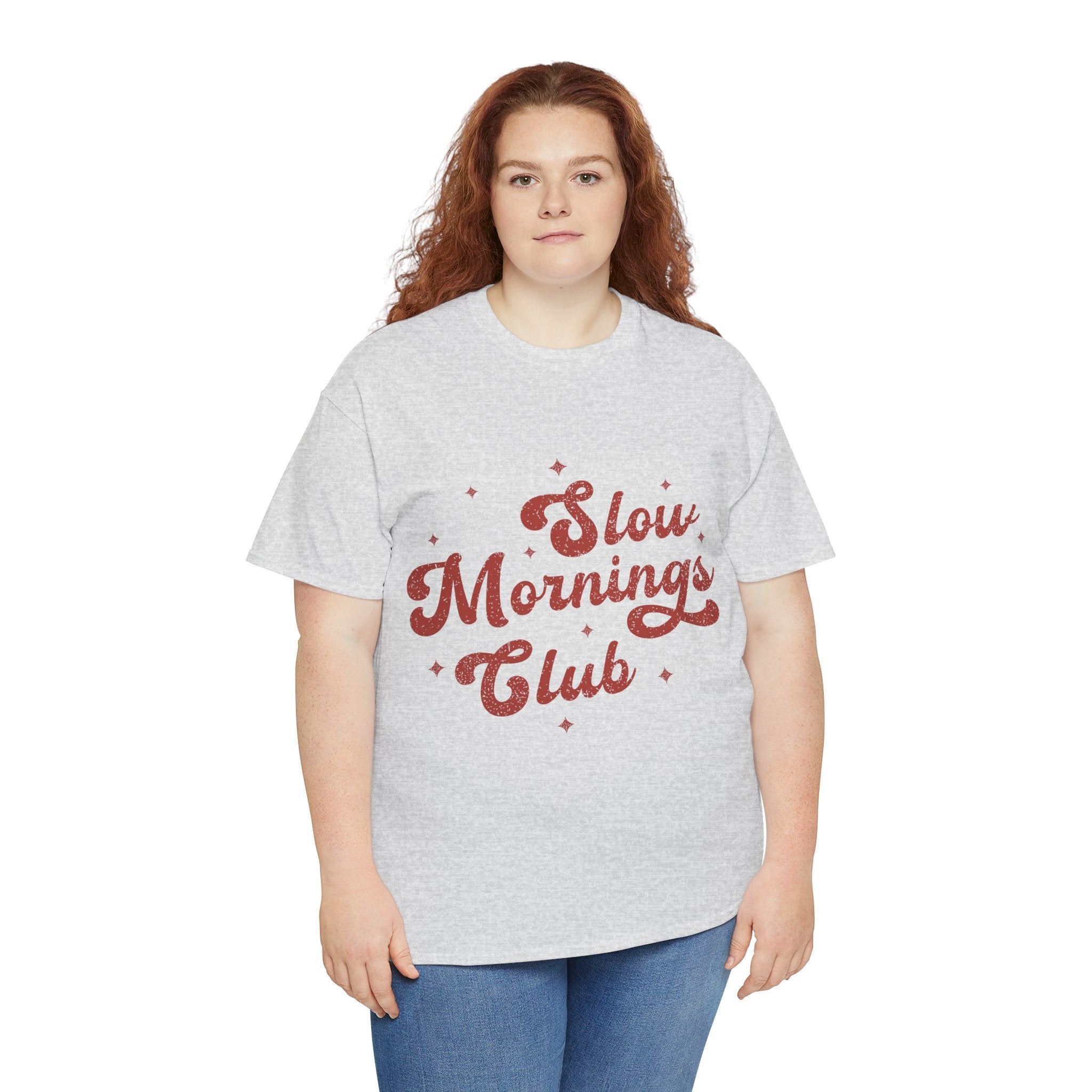 Slow Mornings Club T-Shirt — Retro Red Sparkle Unisex Cotton Tee