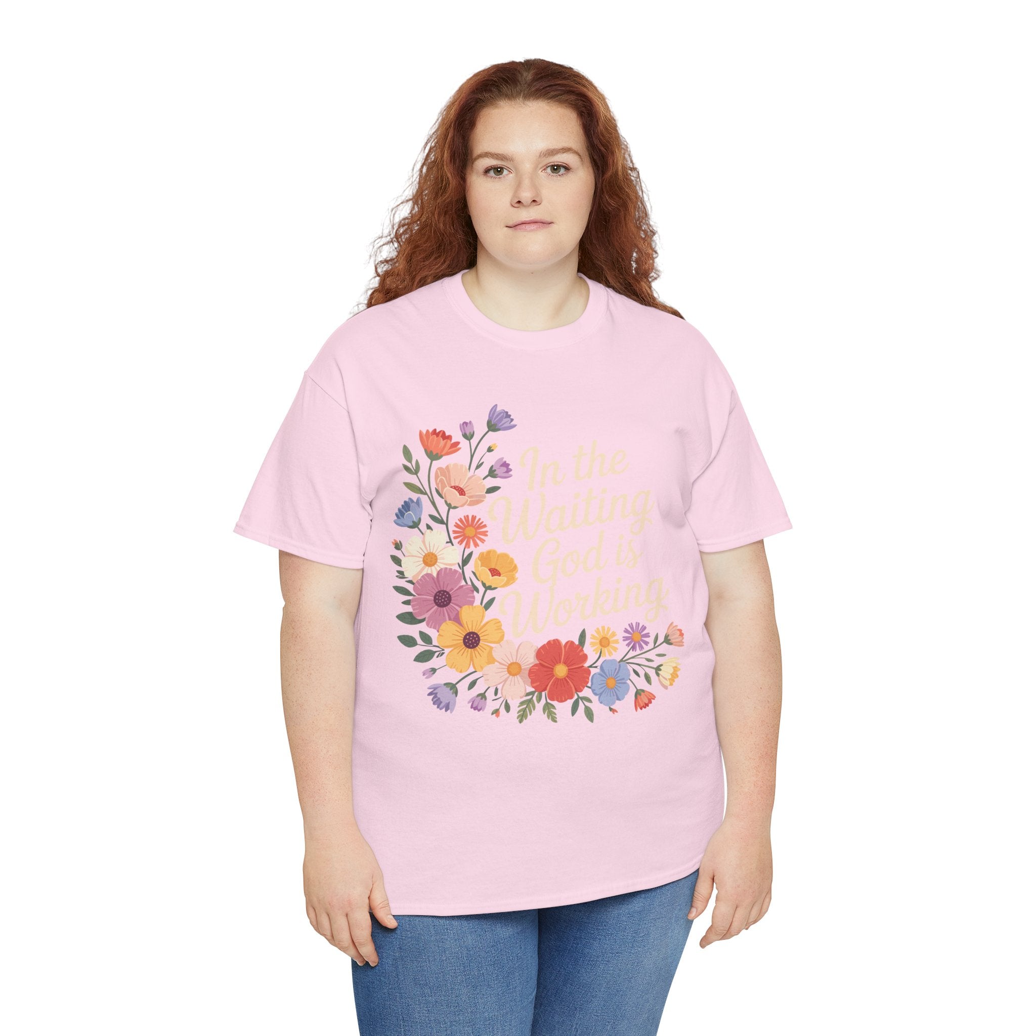 Pastel Floral “In the Waiting God Is Working” Unisex Cotton T-Shirt