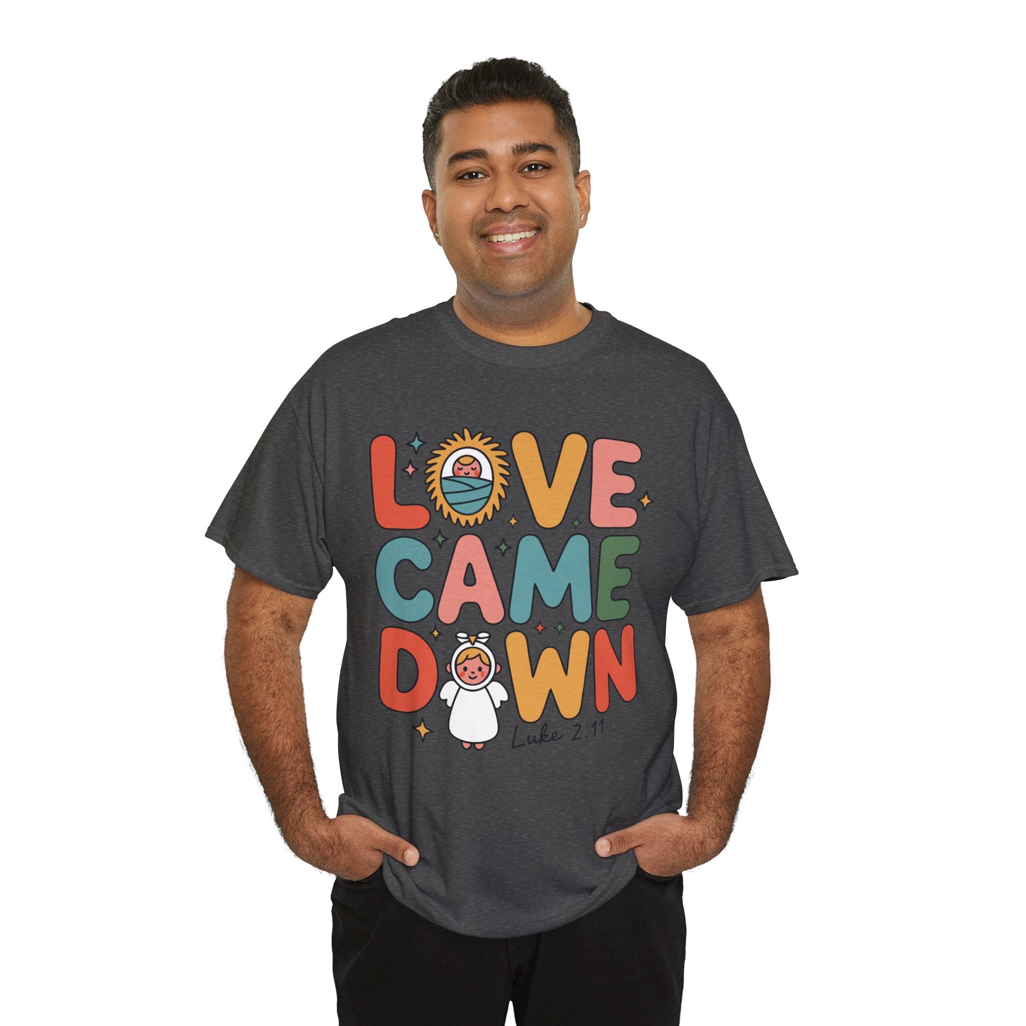 Love Came Down Christmas Tee — Baby Jesus Manger Angel (Luke 2:11)..Unisex Cotton Tee