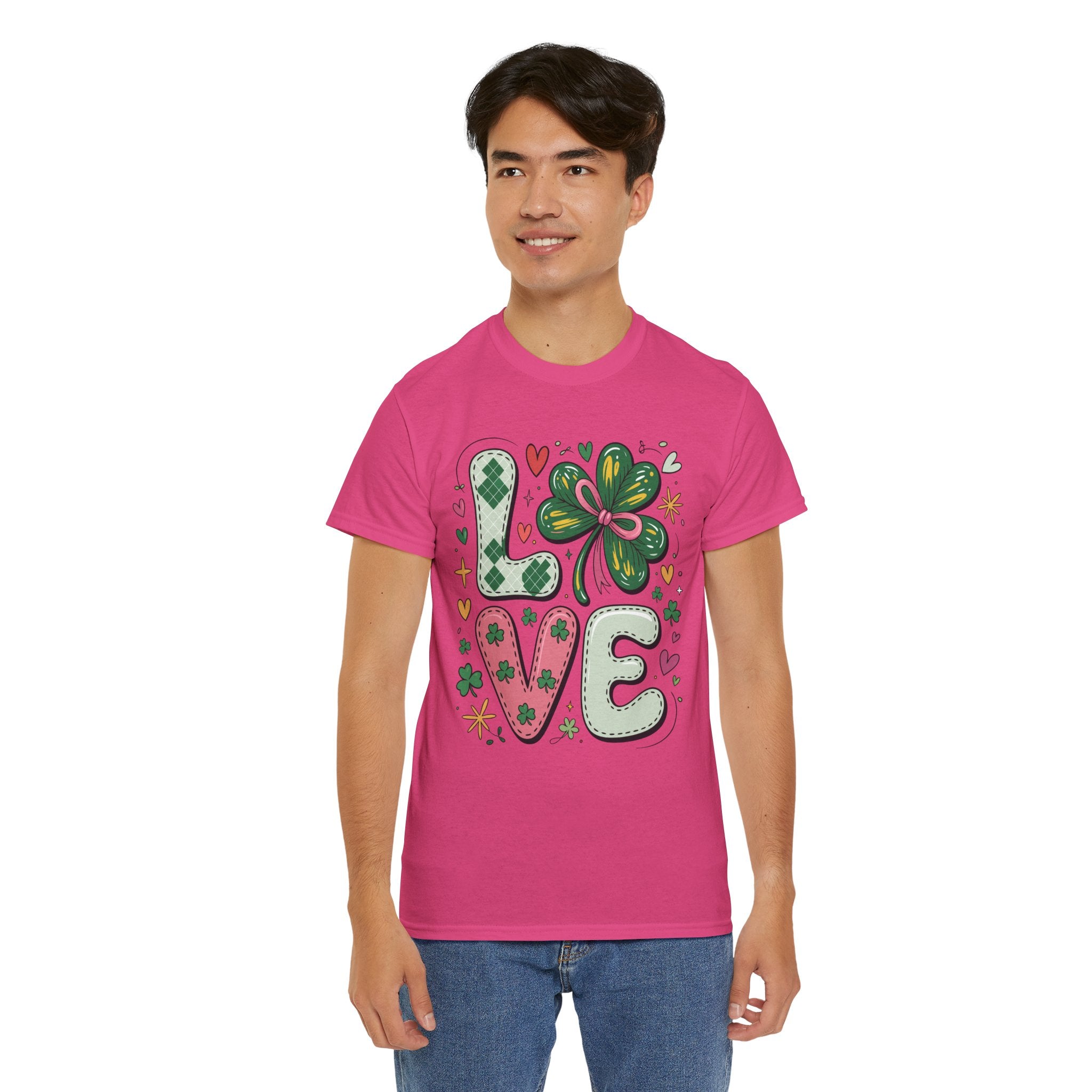 Stitched Clover 'LOVE' Tee — Heart & Patchwork St. Patrick's Unisex Cotton T-Shirt