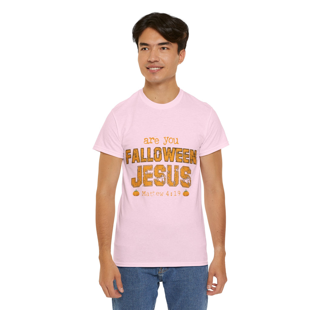 Christian Halloween T-Shirt — “Are You Falloween Jesus? Matthew 4:19” Distressed Pumpkin Design. Unisex Cotton Tee