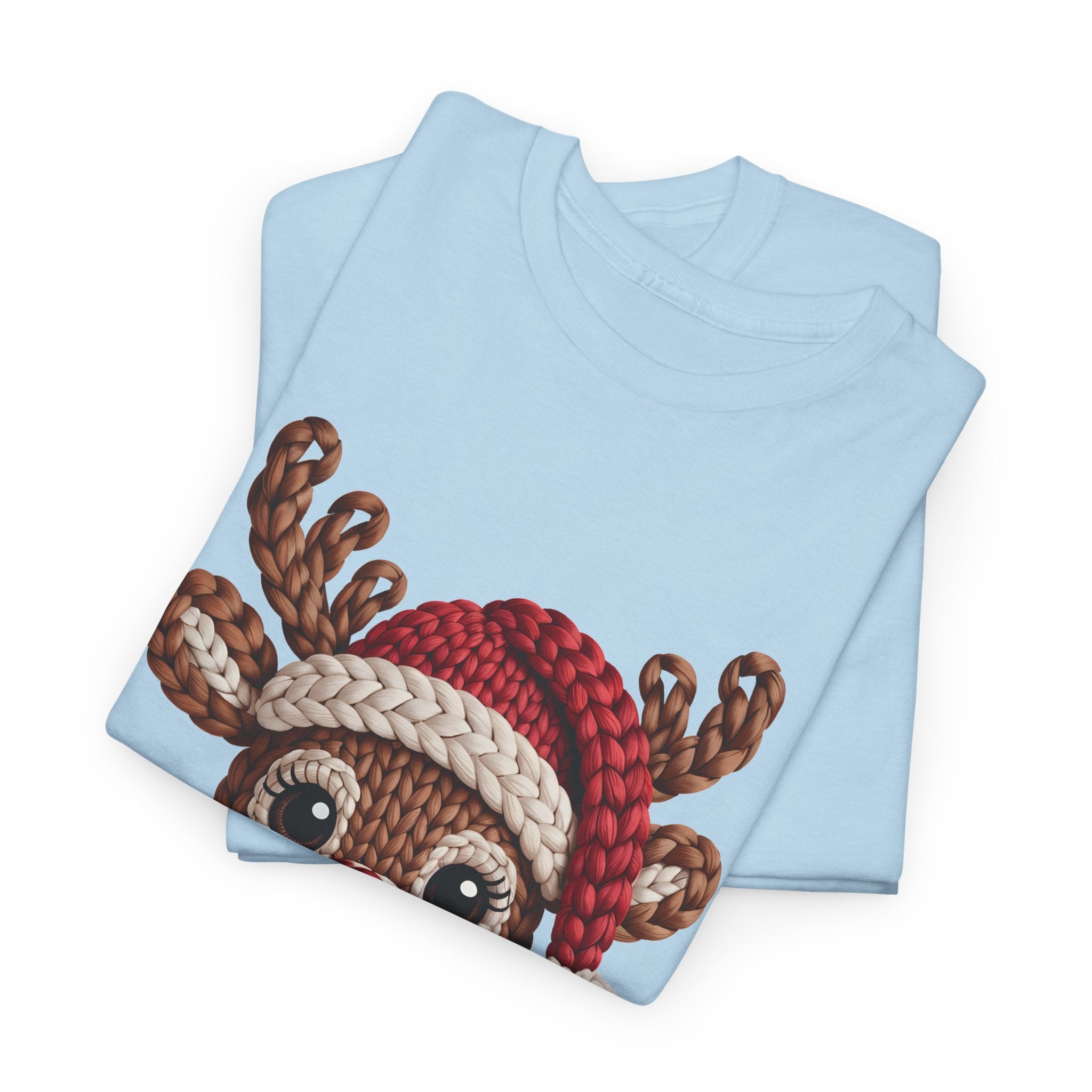 Reindeer in Santa Hat Cotton Tee — Joyful Faux-Yarn Holiday Unisex Coton T-Shirt