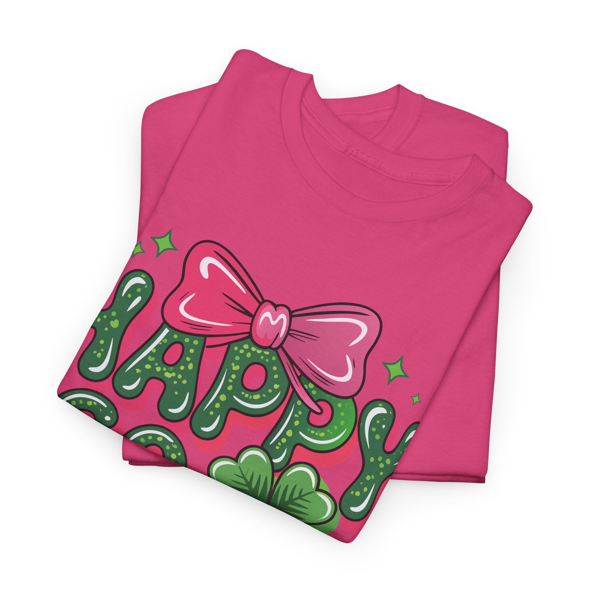 Happy Go Lucky Four-Leaf Clover Tee — Glossy Green Letters & Pink Bow Unisex Cotton Tee