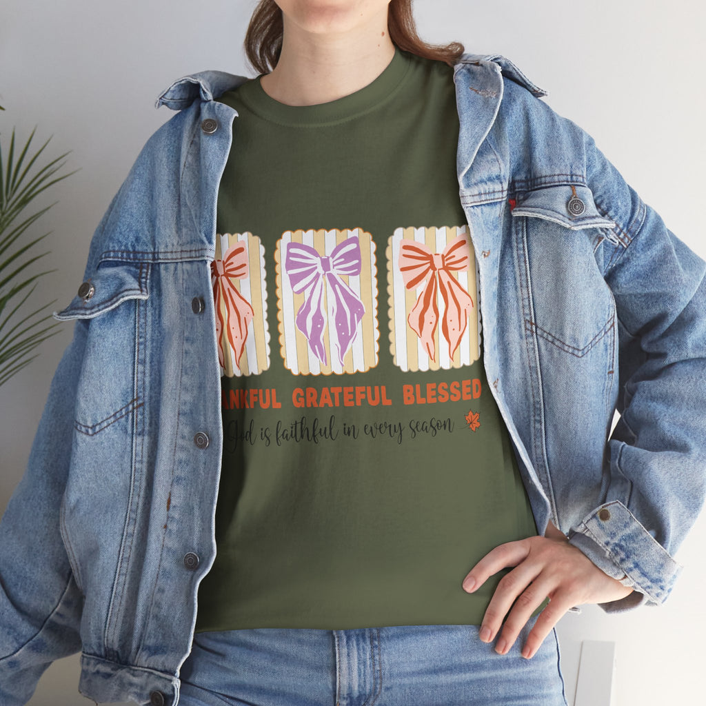 Thankful Grateful Blessed Fall Tee — God Is Faithful Pastel Bows..Unisex Cotton Tee