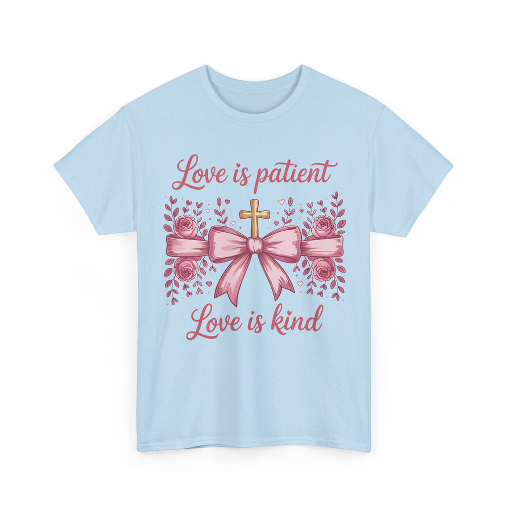 Christian Floral Tee — "Love is Patient, Love is Kind" Pink Rose Cross. Unisex Cotton Tee