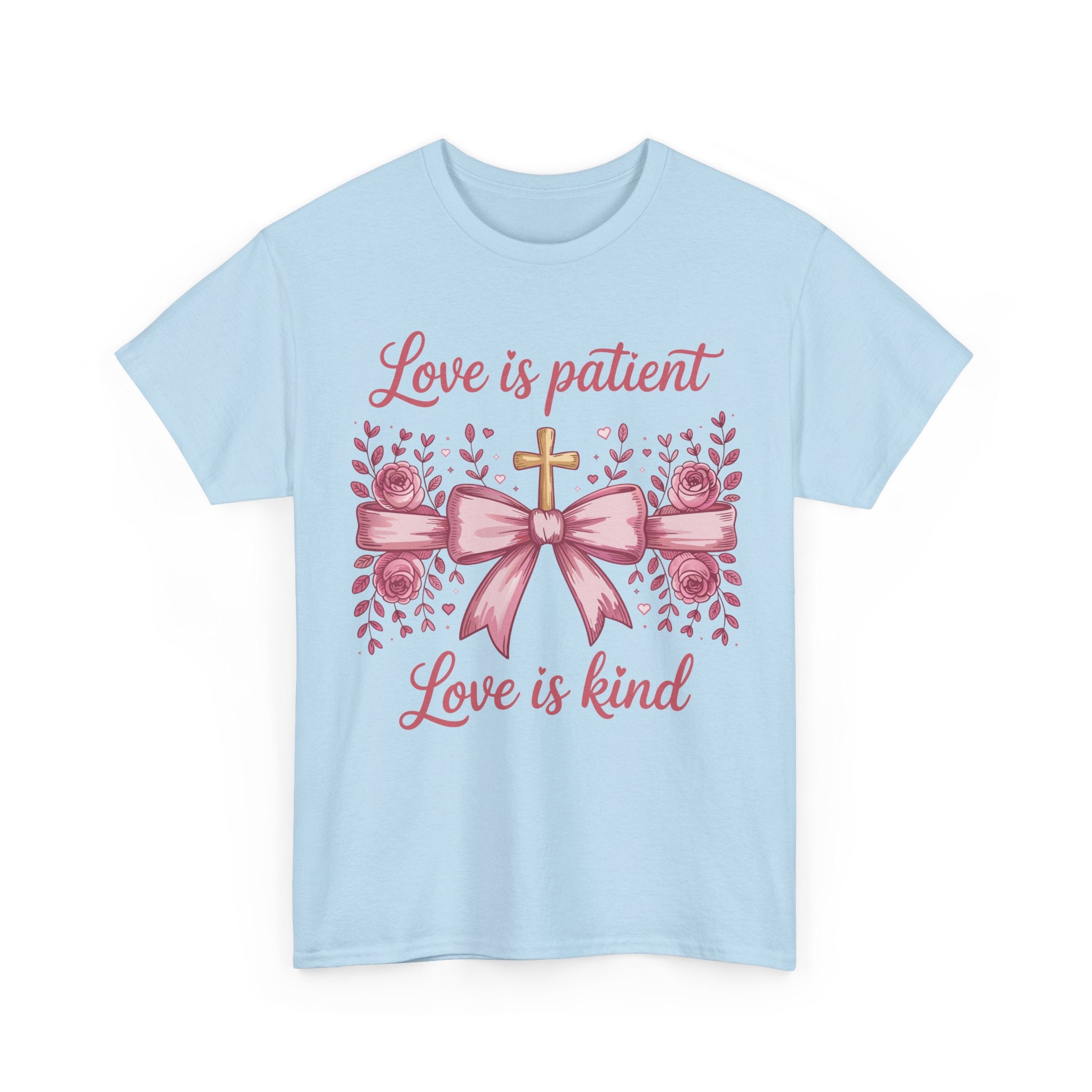 Christian Floral Tee — "Love is Patient, Love is Kind" Pink Rose Cross. Unisex Cotton Tee