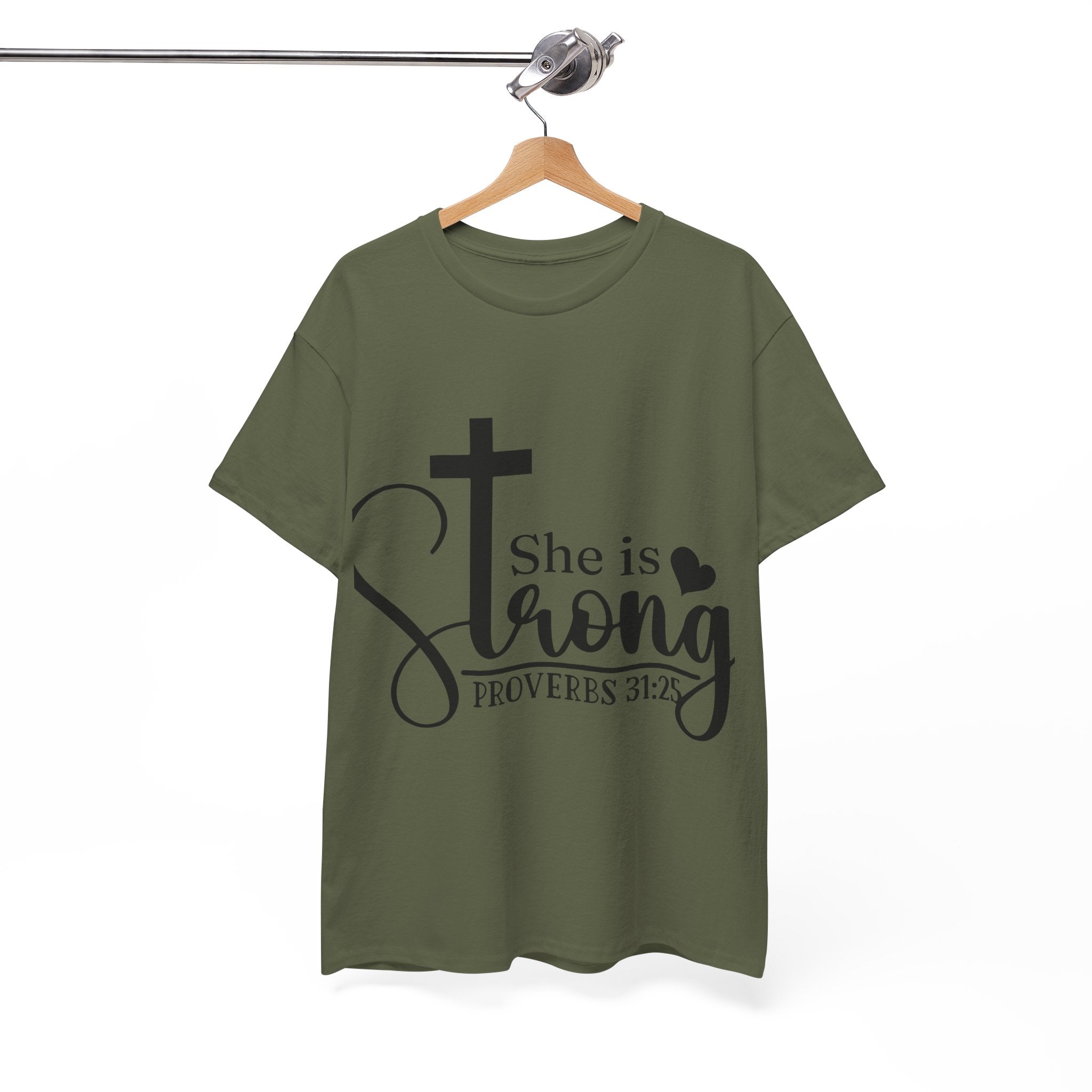 Proverbs 31:25 'She is Strong' T-Shirt – Christian Cross & Heart Unisex Cotton Tee