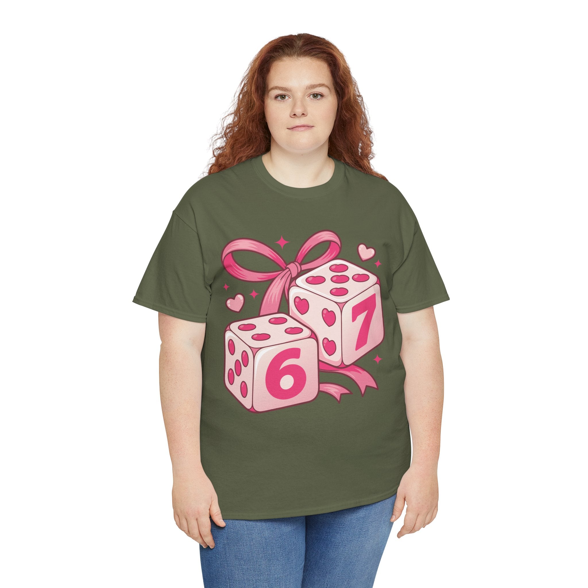 Lucky Love Dice T-Shirt — Pink Heart Dice with Bow..Unisex Cotton Tee