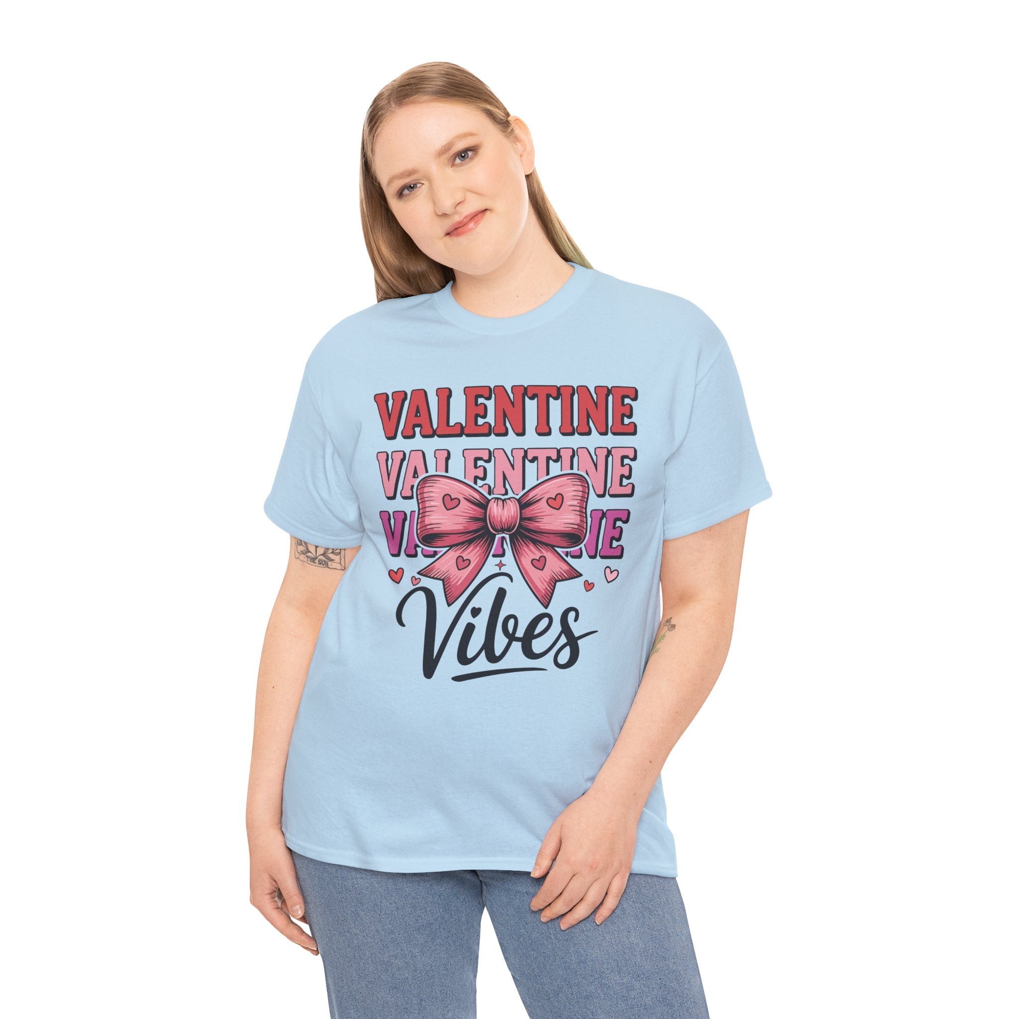 Valentine Vibes T-Shirt — Pink Bow Heart Graphic Unisex Cotton Tee
