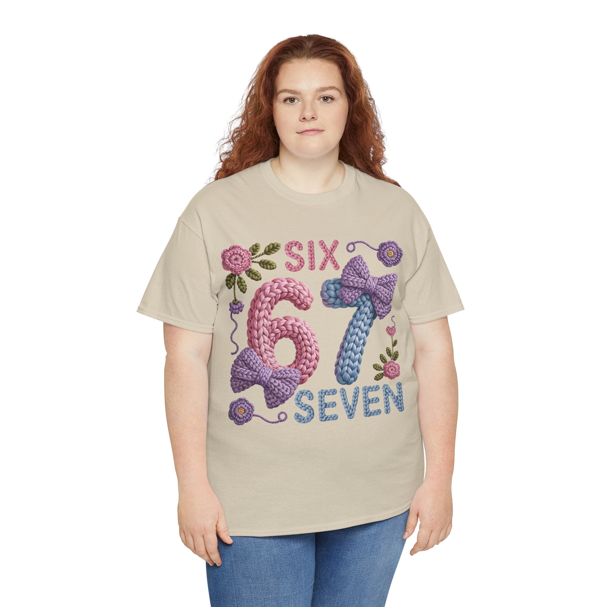 Pastel Crochet Numbers 6 & 7 Tee — Faux-Yarn Bows & Flowers. Unisex Cotton Tee