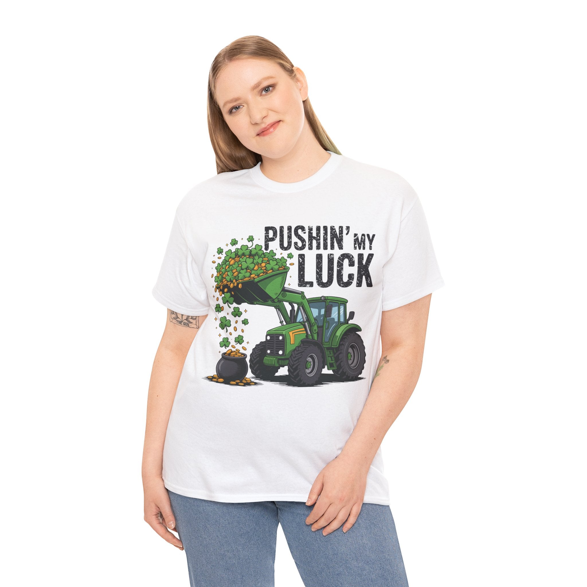Pushin' My Luck Shamrock Tractor Tee — St. Patrick's Day Unisex Cotton T-Shirt