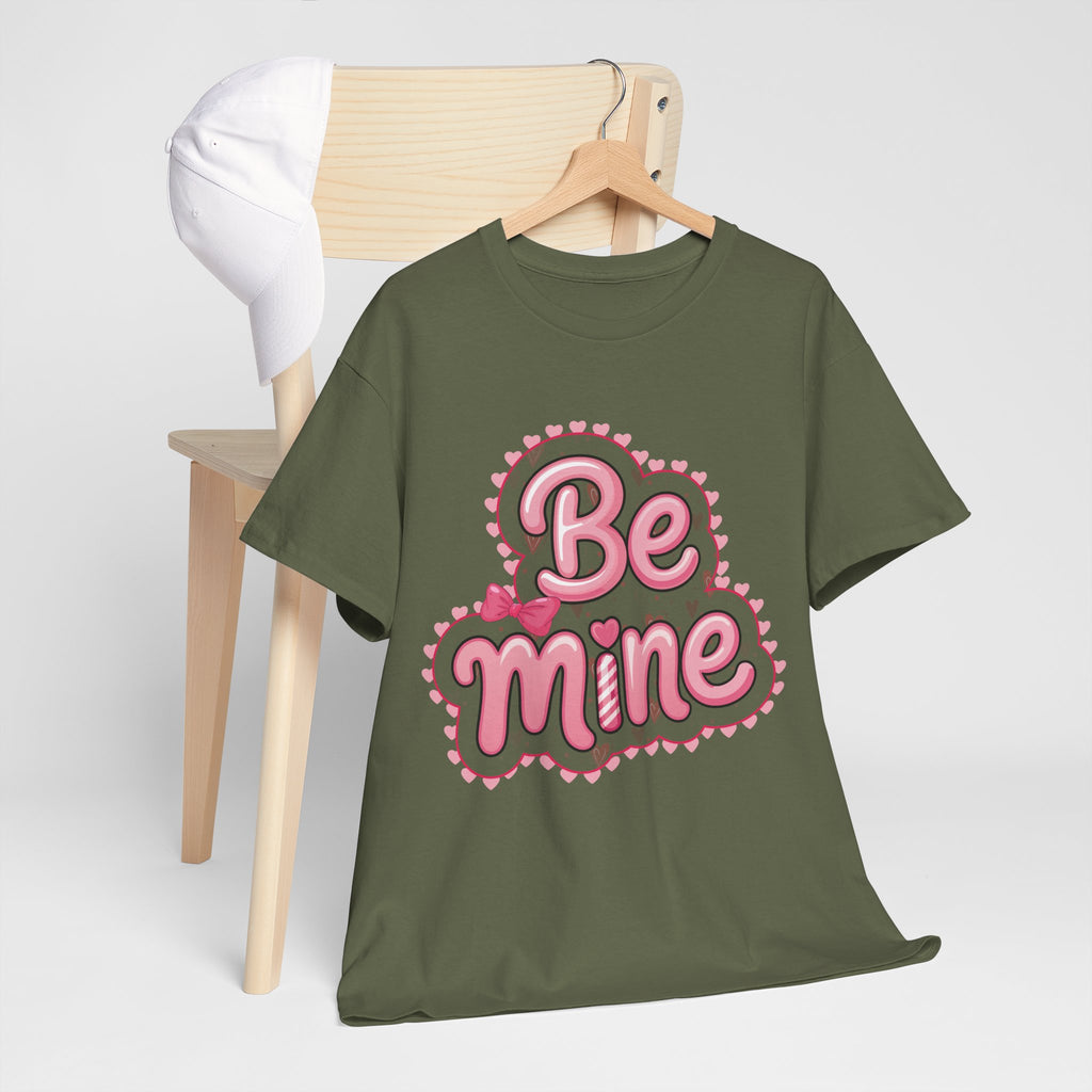 Be Mine Valentine T-Shirt — Pink Bubble Letters with Hearts & Bow..Unisex Cotton Tee