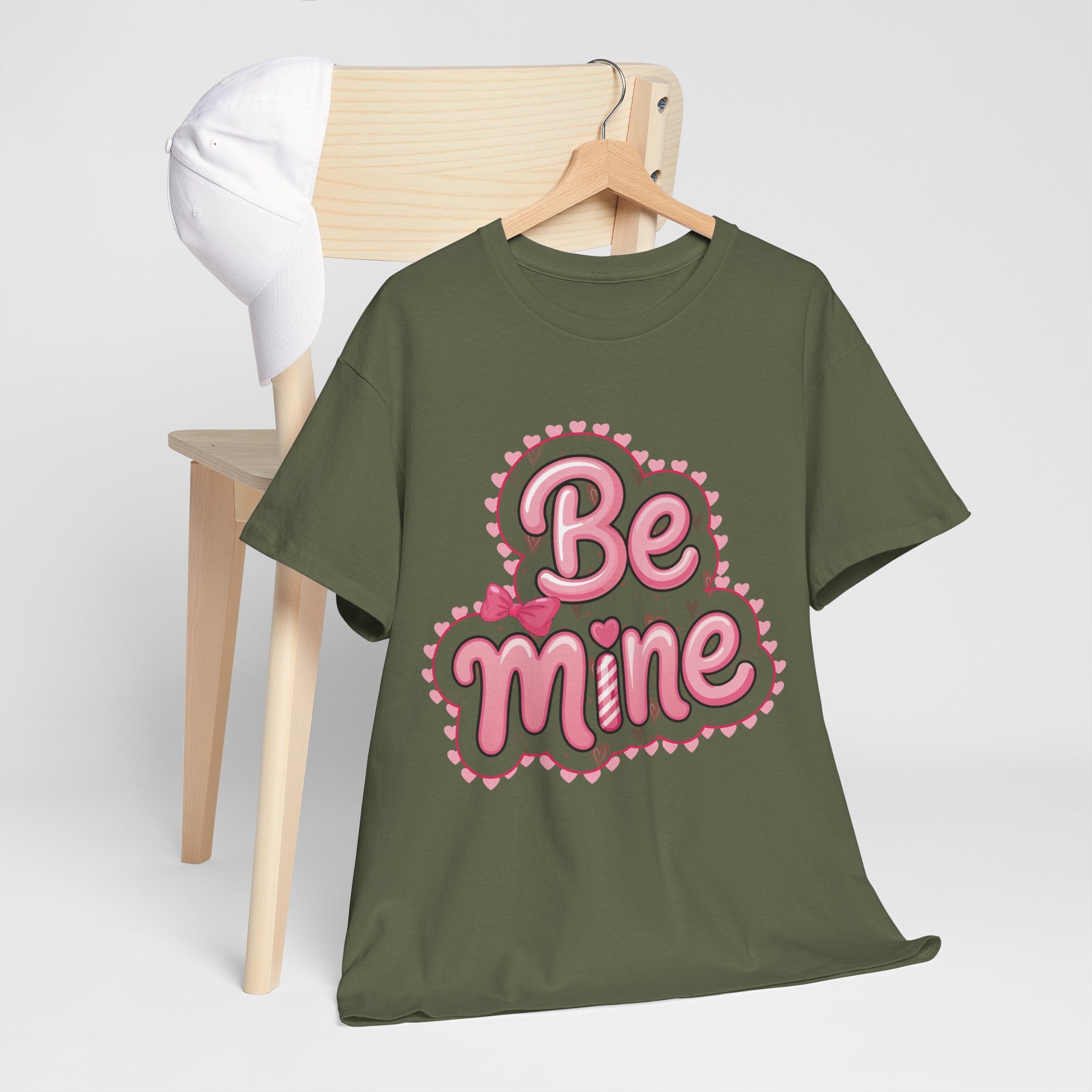 Be Mine Valentine T-Shirt — Pink Bubble Letters with Hearts & Bow..Unisex Cotton Tee