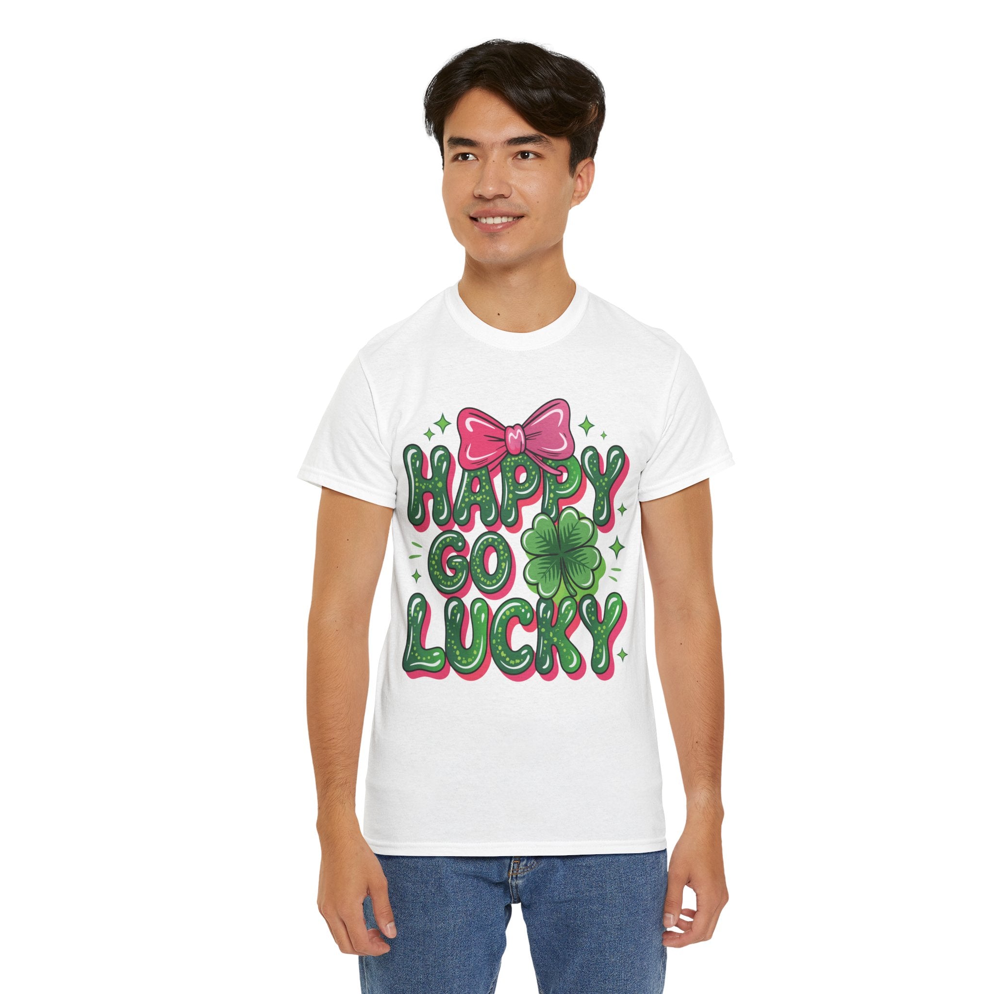 Happy Go Lucky Four-Leaf Clover Tee — Glossy Green Letters & Pink Bow Unisex Cotton Tee