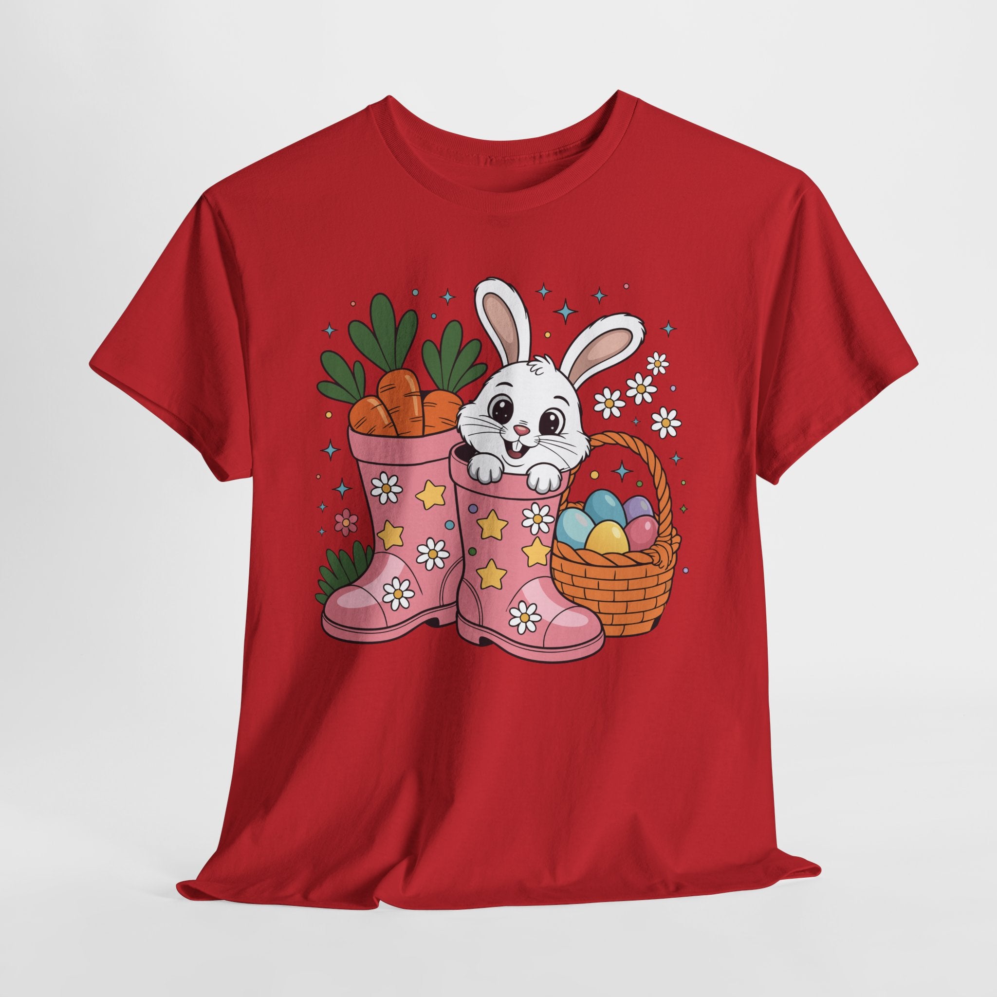 Easter Bunny in Pink Rain Boots T-Shirt — Cartoon Bunny, Carrots & Colorful Eggs Unisex Cotton Tee