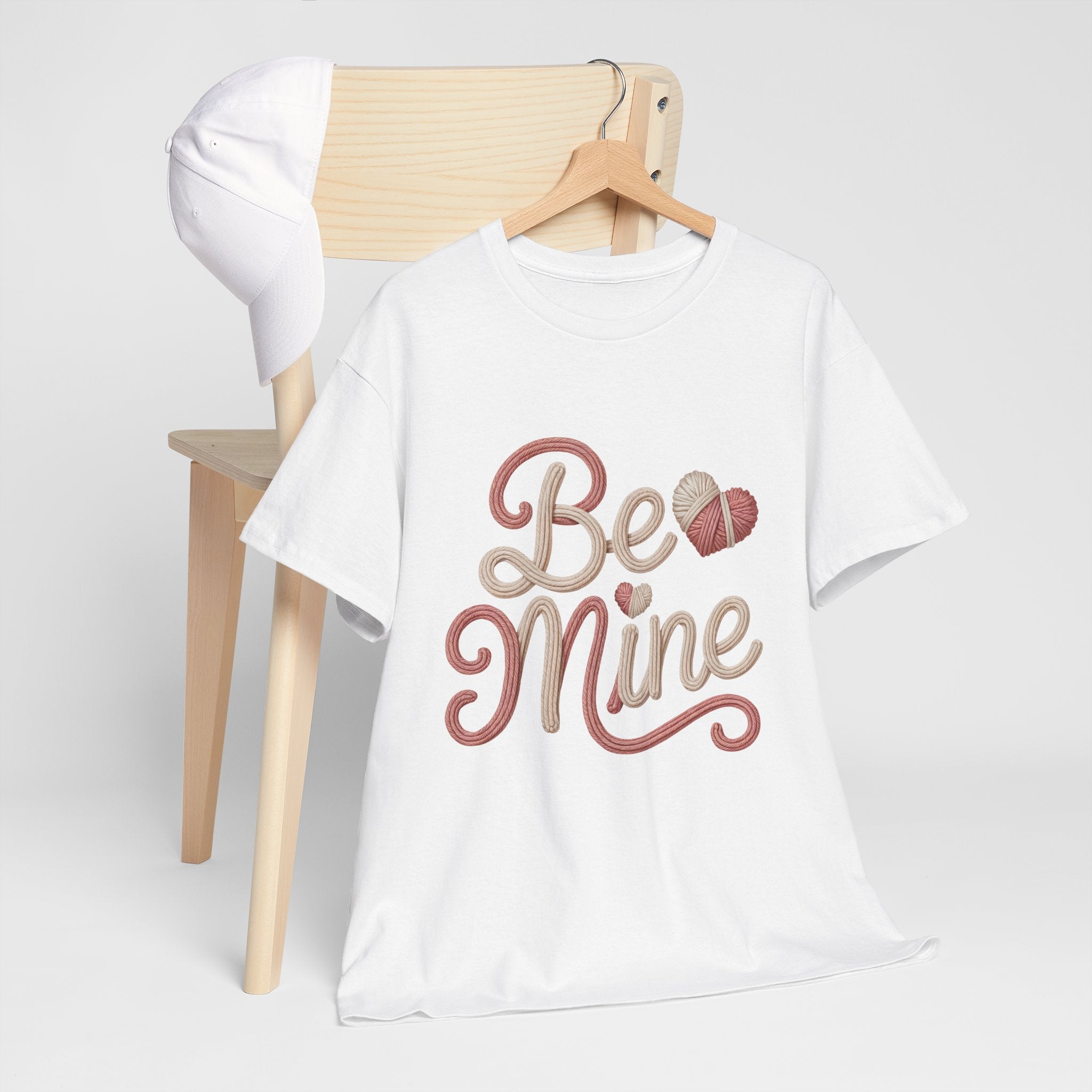 Be Mine Yarn Heart T-Shirt — Valentine’s Faux-Yarn Pink & Cream Unisex Cotton Tee