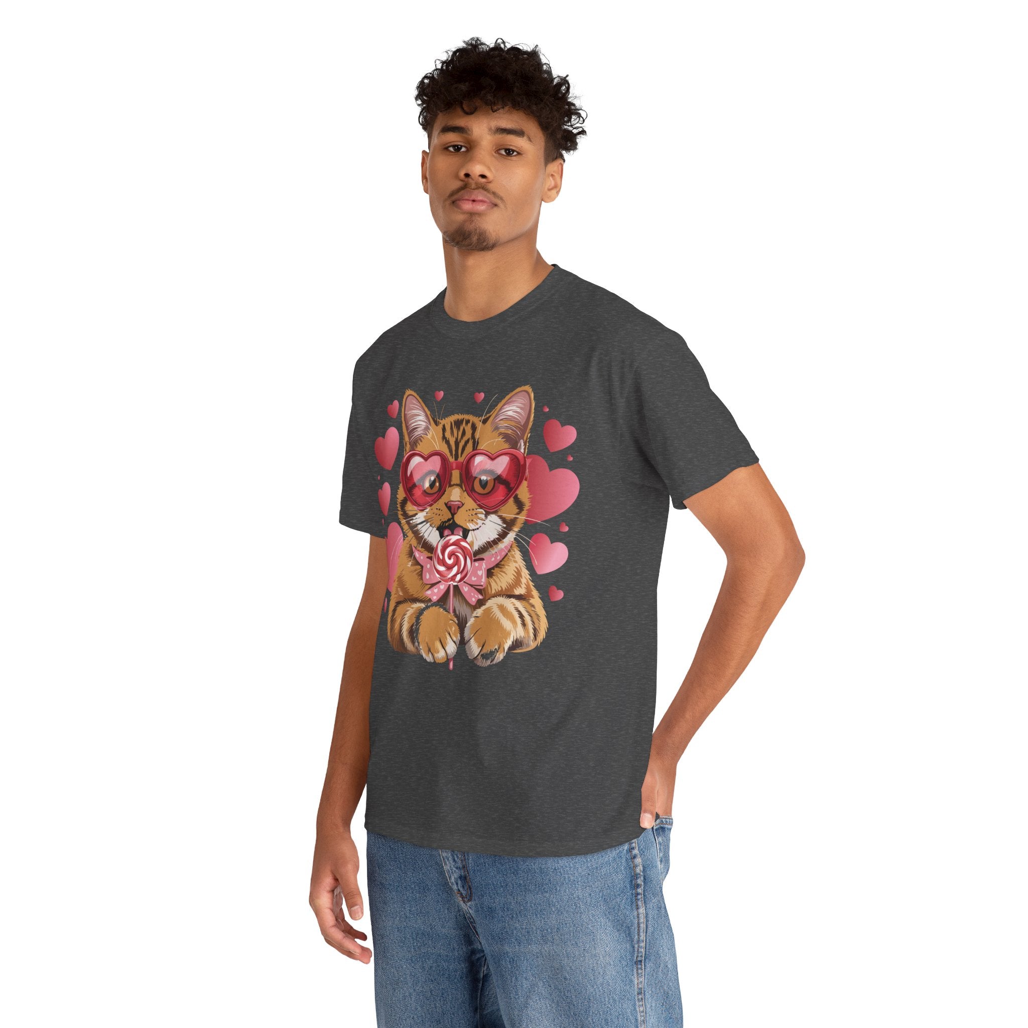 Valentine Cat Tee — Heart Glasses, Lollipop Bow Unisex Cotton Tee
