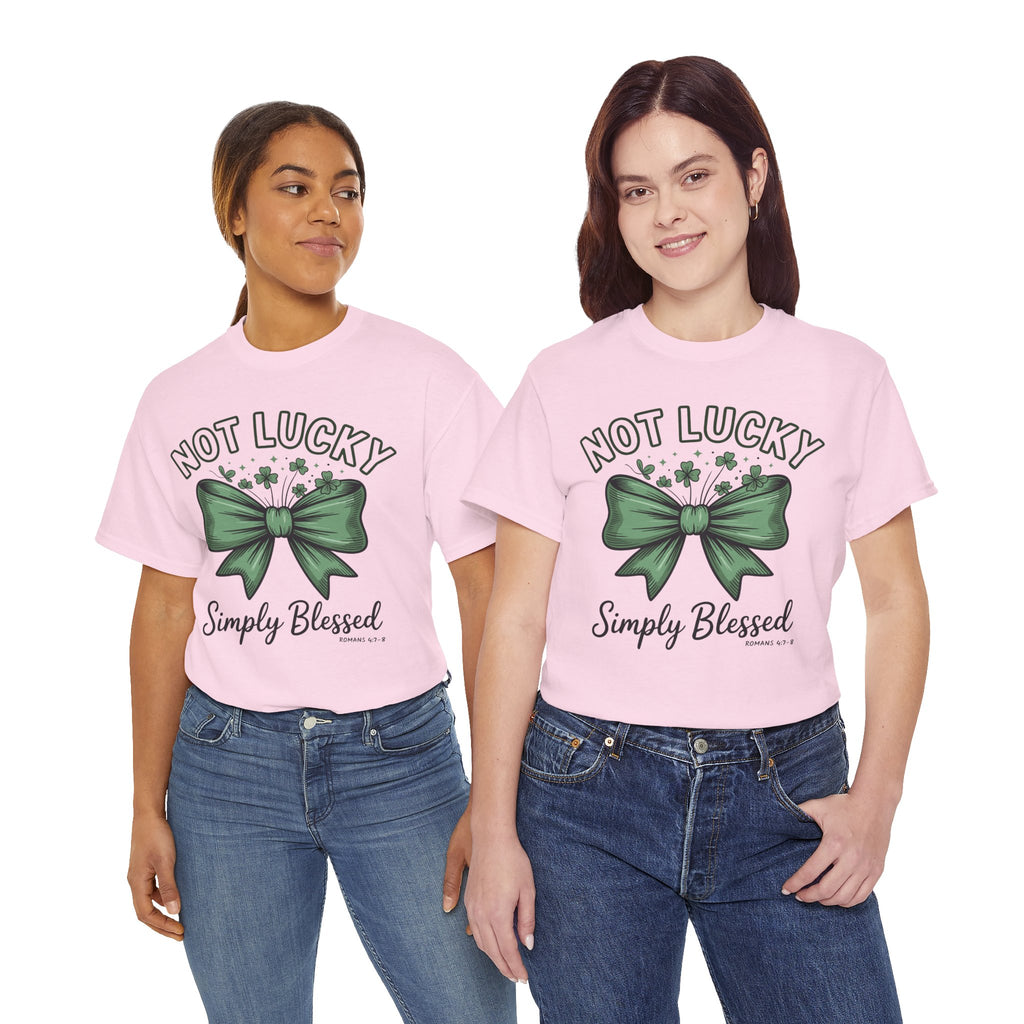 Not Lucky, Simply Blessed T-Shirt — Green Bow & Clovers St. Patrick’s Unisex Cotton Tee