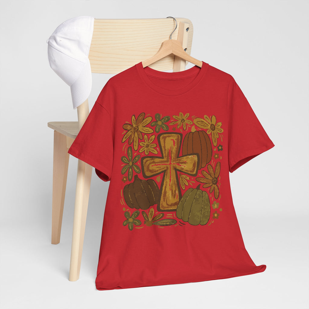 Autumn Cross Tee — Rustic Pumpkin & Fall Floral Christian Unisaex Cotton T-Shirt