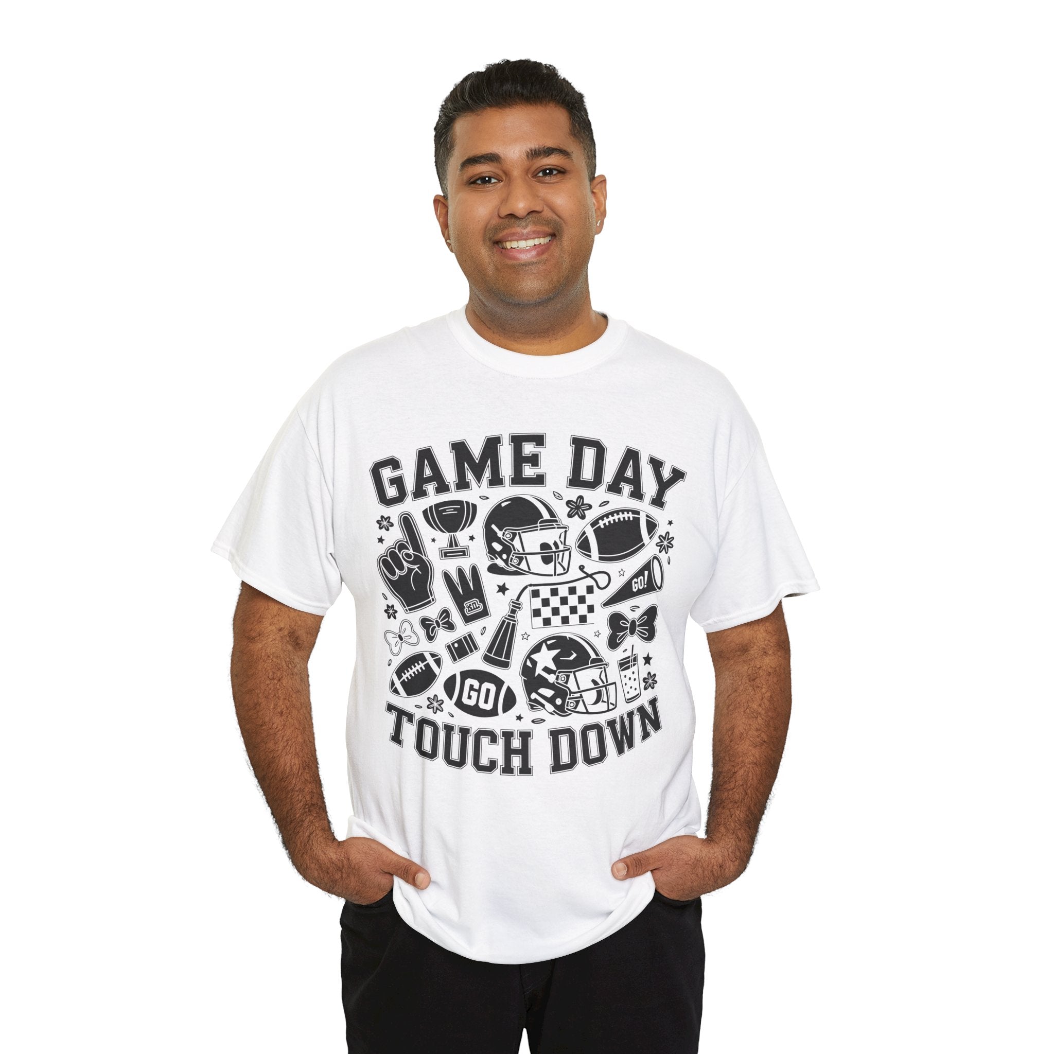 Game Day Touch Down Football T‑Shirt — Helmet & Cheer Monochrome Design Unisex Cotton Tee