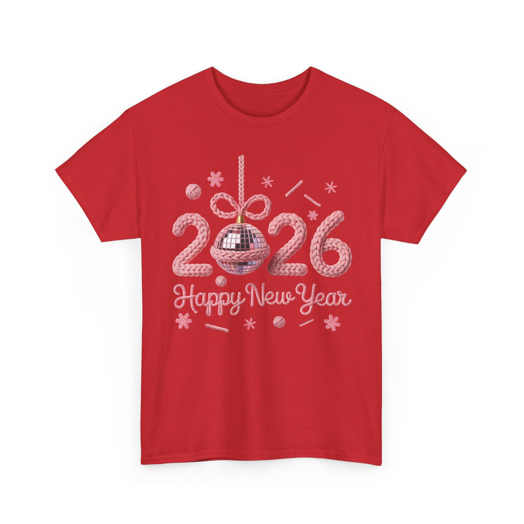 2026 Happy New Year Pink Knitted Disco Ball Unisex Cotton Tee