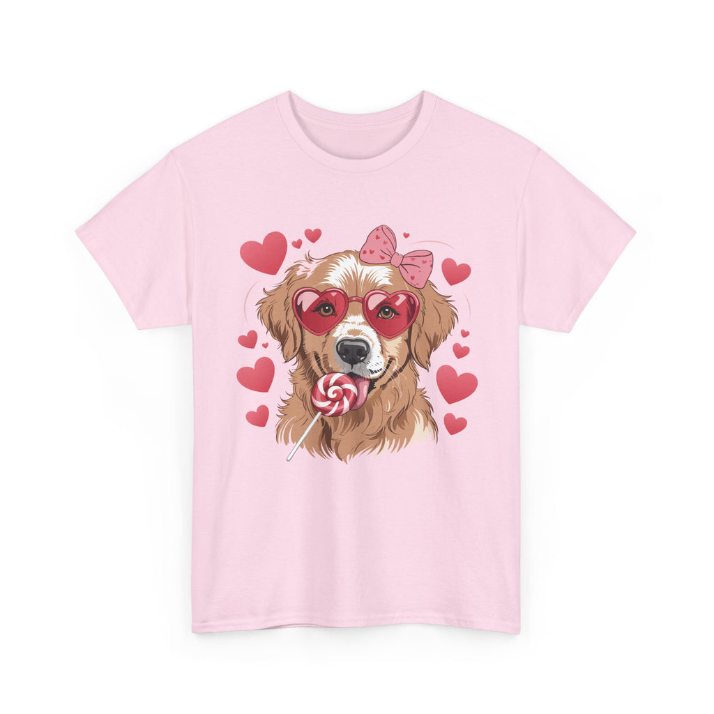 Valentine Dog T-Shirt — Cute Pup with Heart Glasses, Pink Bow & Lollipop..Unisex Cotton Tee