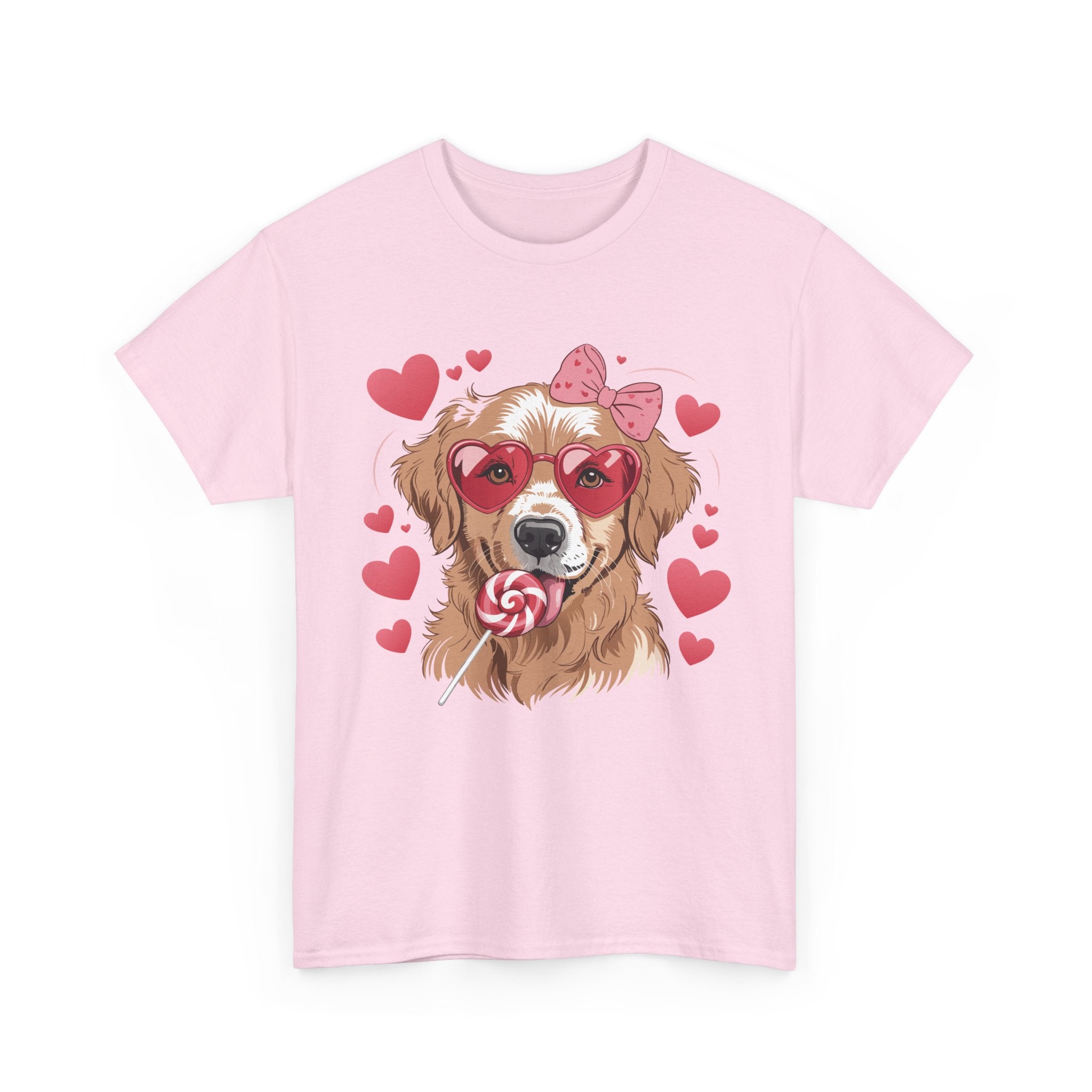 Valentine Dog T-Shirt — Cute Pup with Heart Glasses, Pink Bow & Lollipop..Unisex Cotton Tee