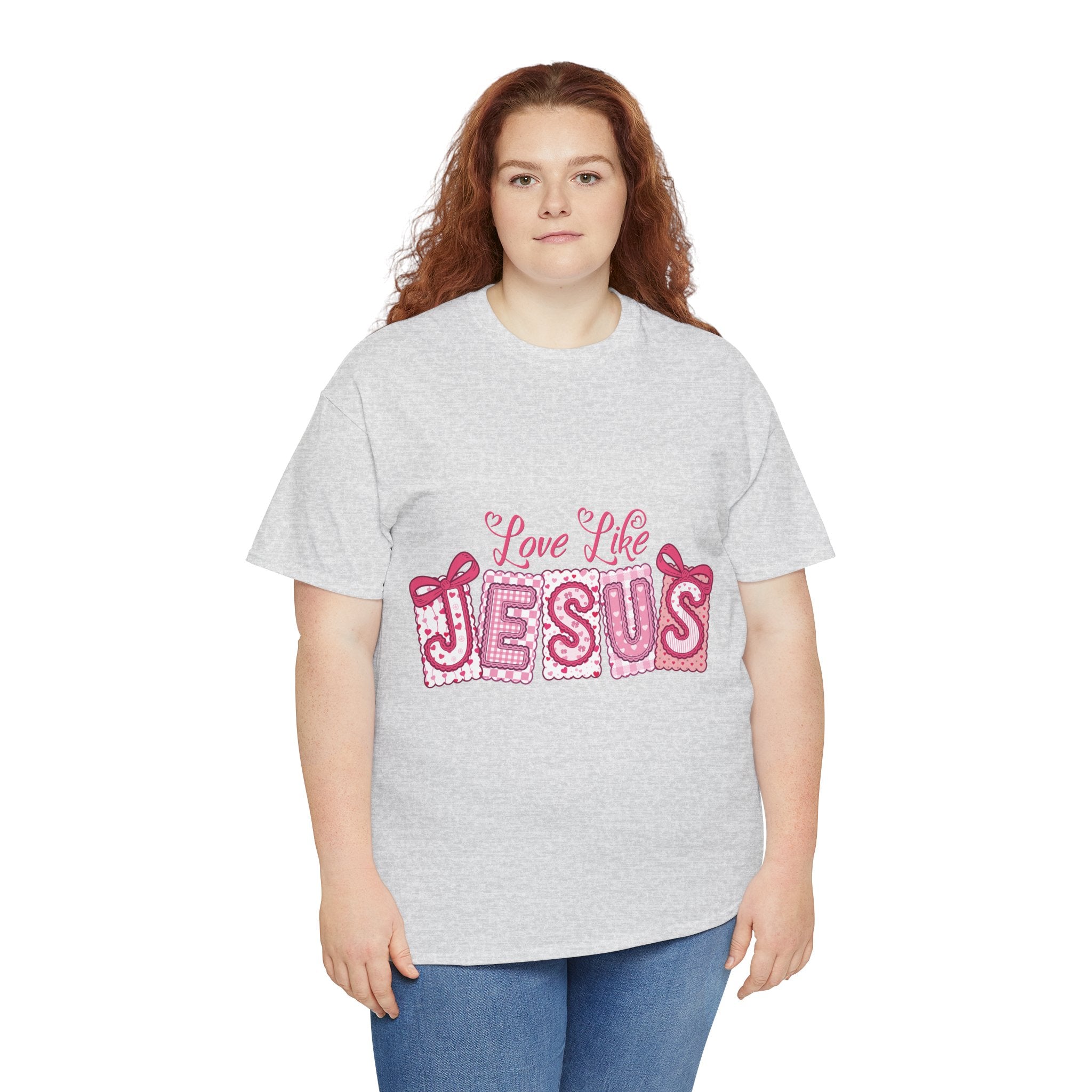 Love Like Jesus Patchwork Tee — Pink Stitched Heart Graphic.Unisex Cotton Tee