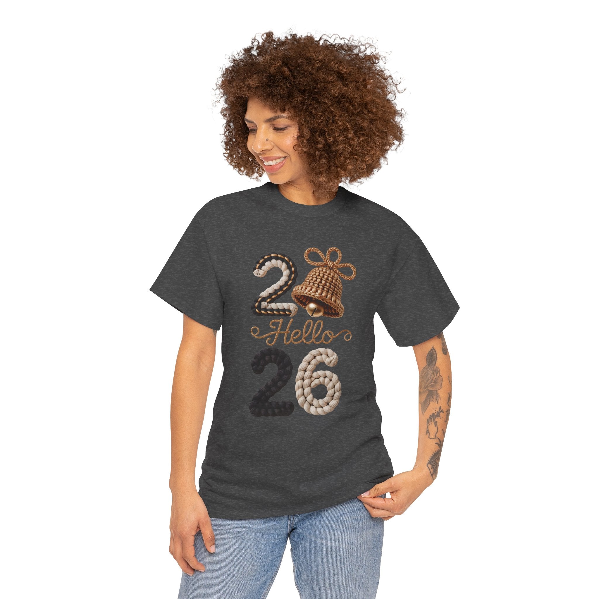 Hello 2026 Tee — Cozy Faux Yarn Braided Numbers with Woven Golden Bell..Unisex Cotton Tee