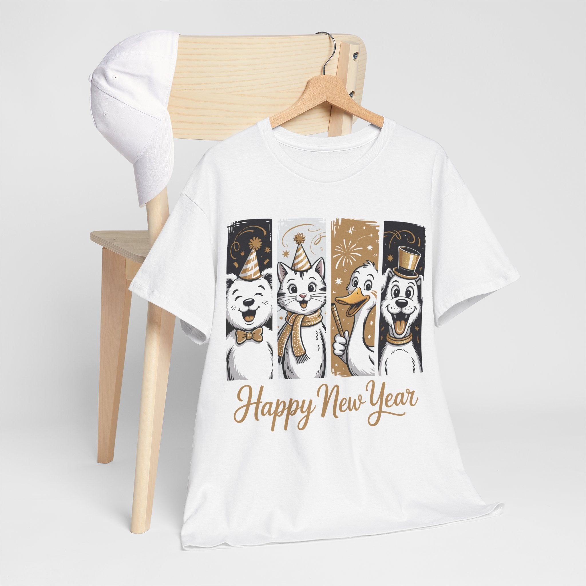 Happy New Year Party Animals T-Shirt — Cute Smiling Animals in Party Hats & Gold Fireworks..Unisex Cotton Tee