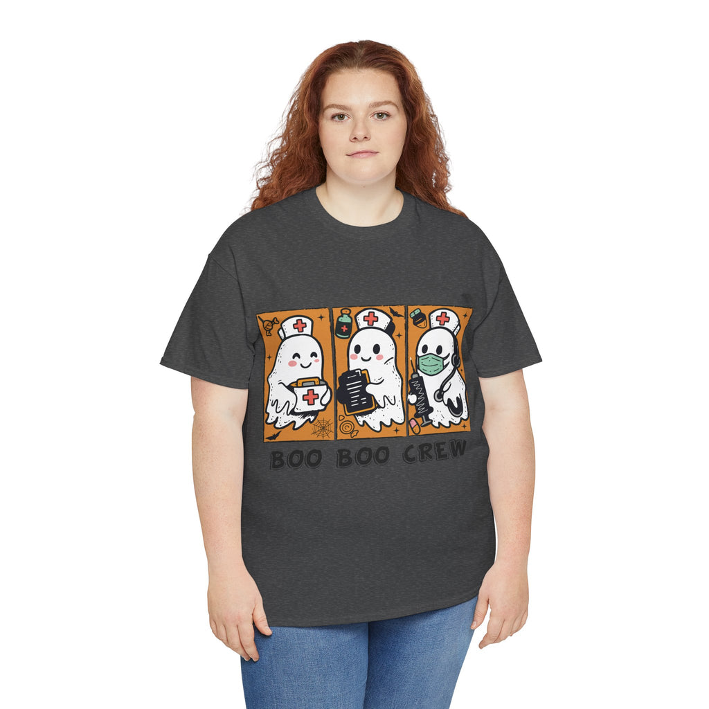 Halloween Nurse T-Shirt — Ghost Nurses Holding Medical Tools on Orange Unisec Cotton Tee