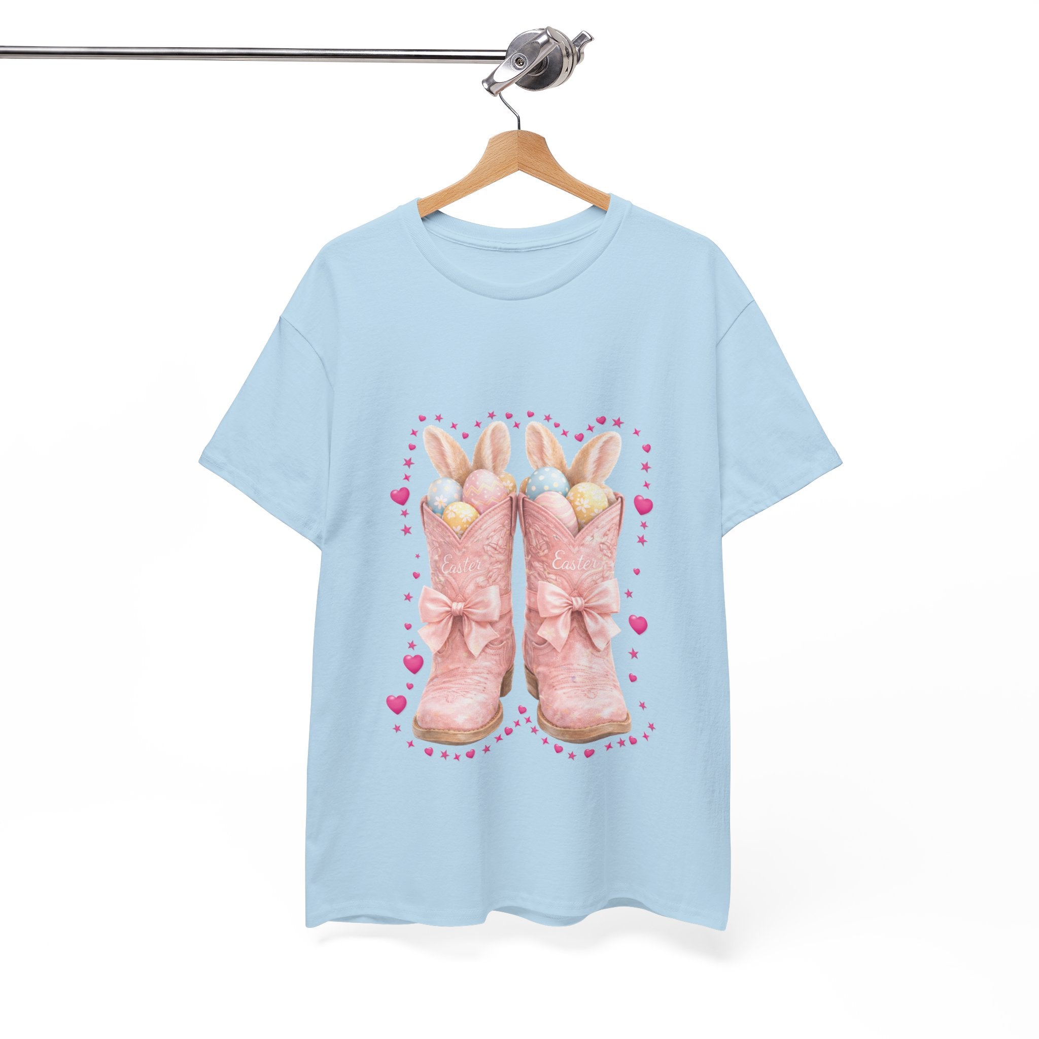 Easter Pink Western Boots Tee — Pastel Bunny Eggs & Bows Unisex Cotton Tee