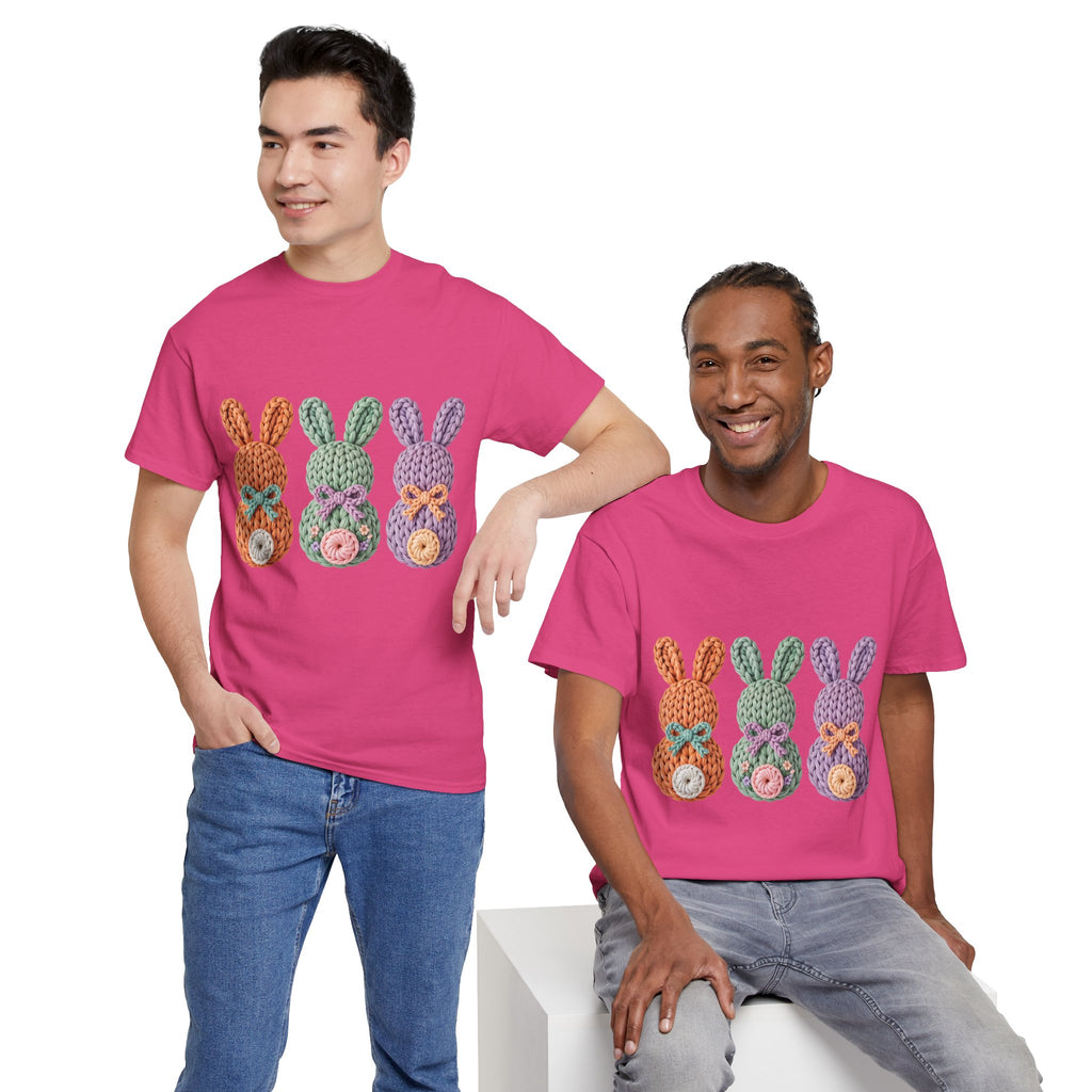 Pastel Crochet Bunny Tee — Trio of Faux Knit Bunnies with Bows & Flowers Unisex Cotton Tee