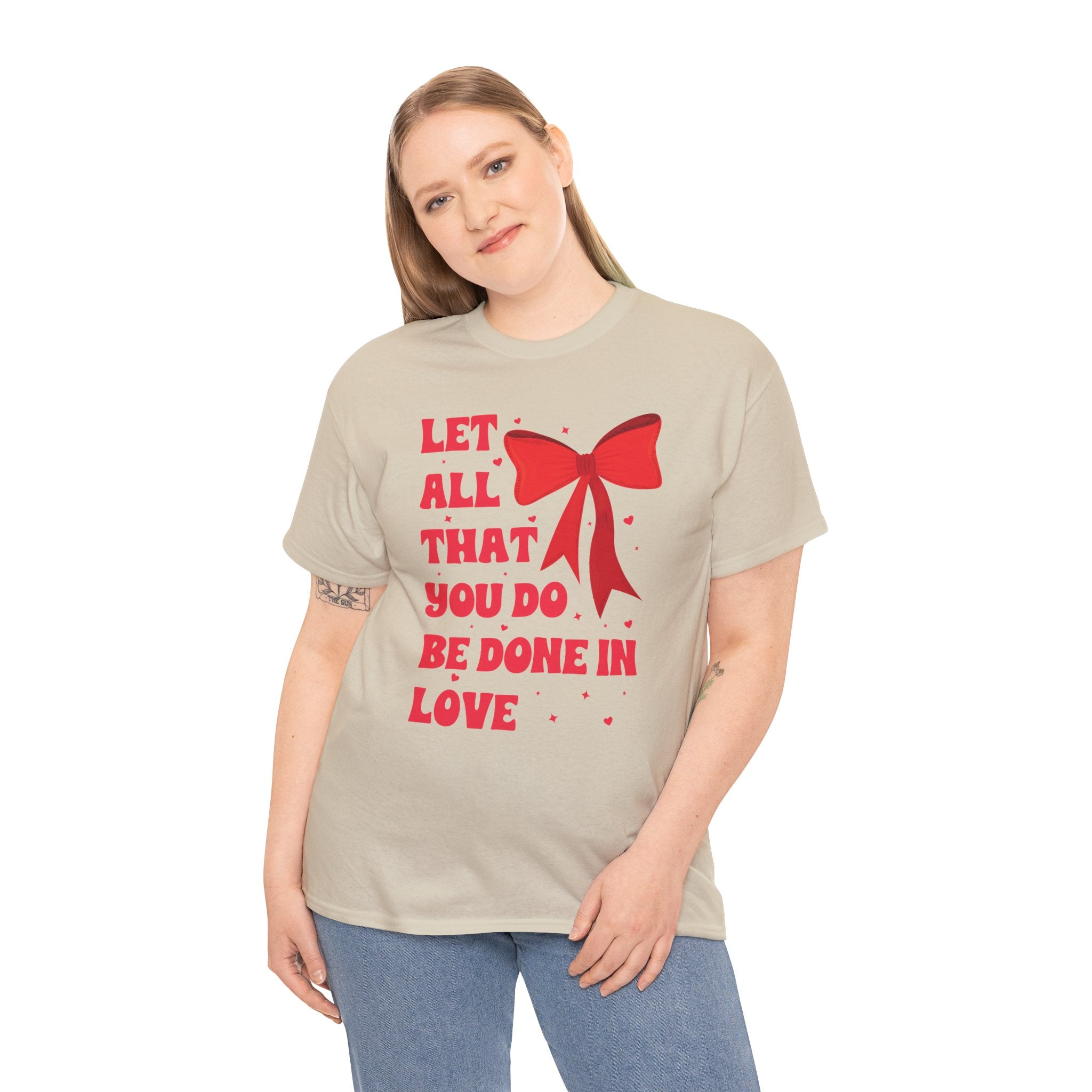 Valentine Tee — "Let All That You Do Be Done in Love" Heart Bow Unisex Cotton Shirt