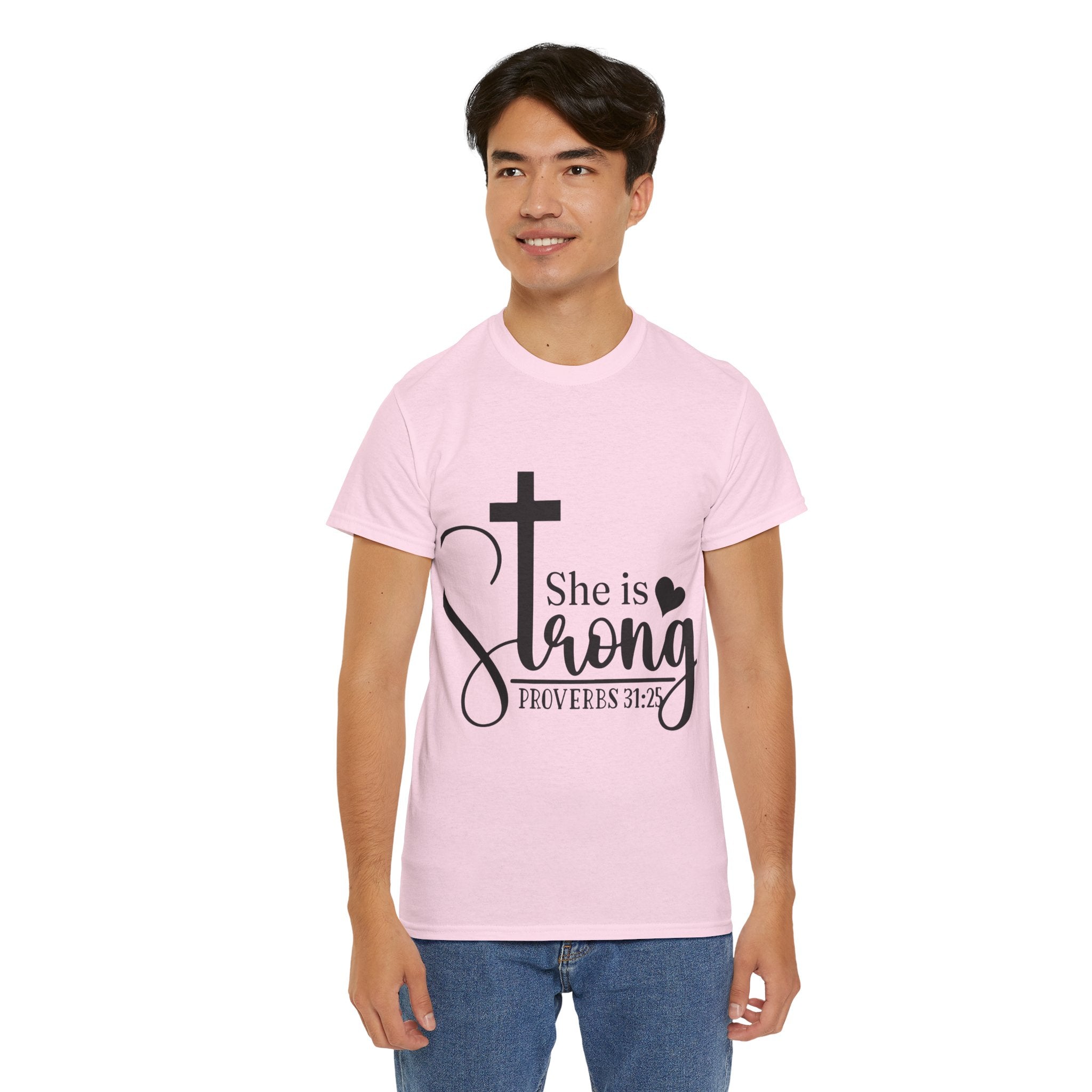 Proverbs 31:25 'She is Strong' T-Shirt – Christian Cross & Heart Unisex Cotton Tee