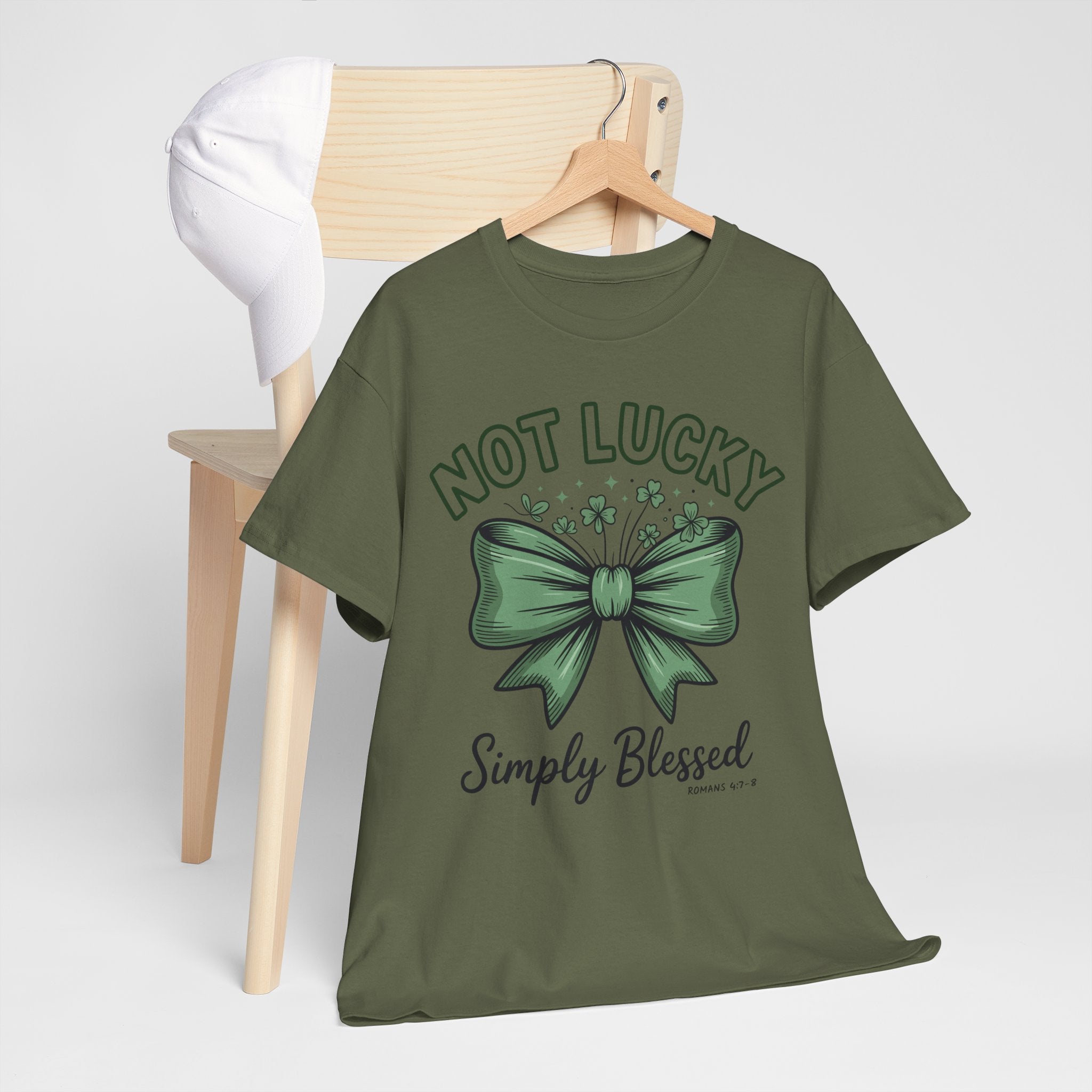 Not Lucky, Simply Blessed T-Shirt — Green Bow & Clovers St. Patrick’s Unisex Cotton Tee