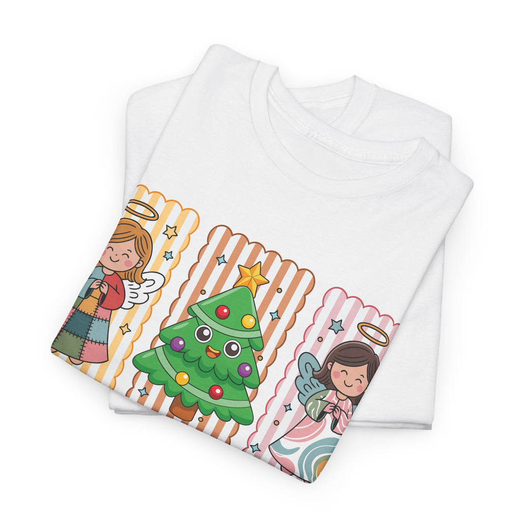 O Come Let Us Adore Him Christmas Tee — Smiling Angels & Happy Tree..Unisex Cotton Tee