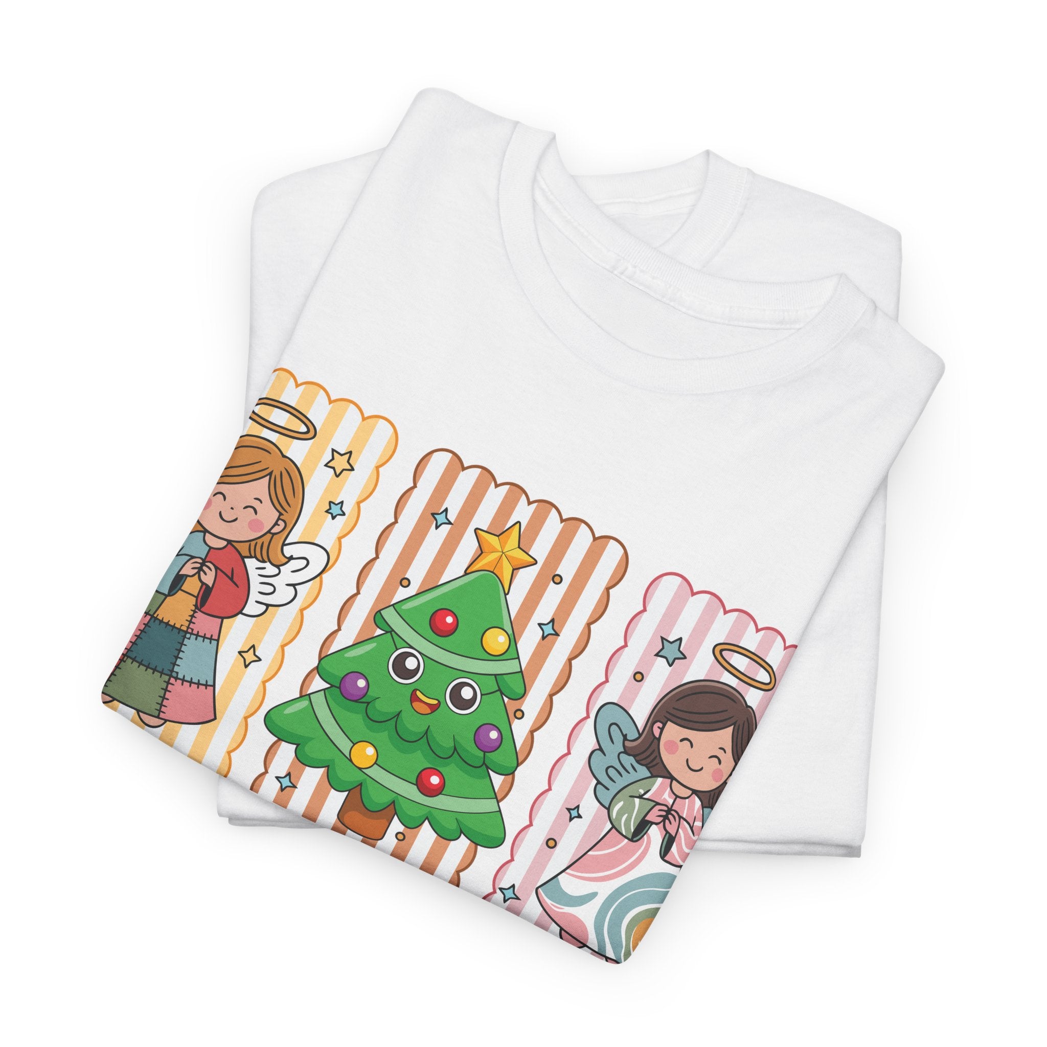 O Come Let Us Adore Him Christmas Tee — Smiling Angels & Happy Tree..Unisex Cotton Tee