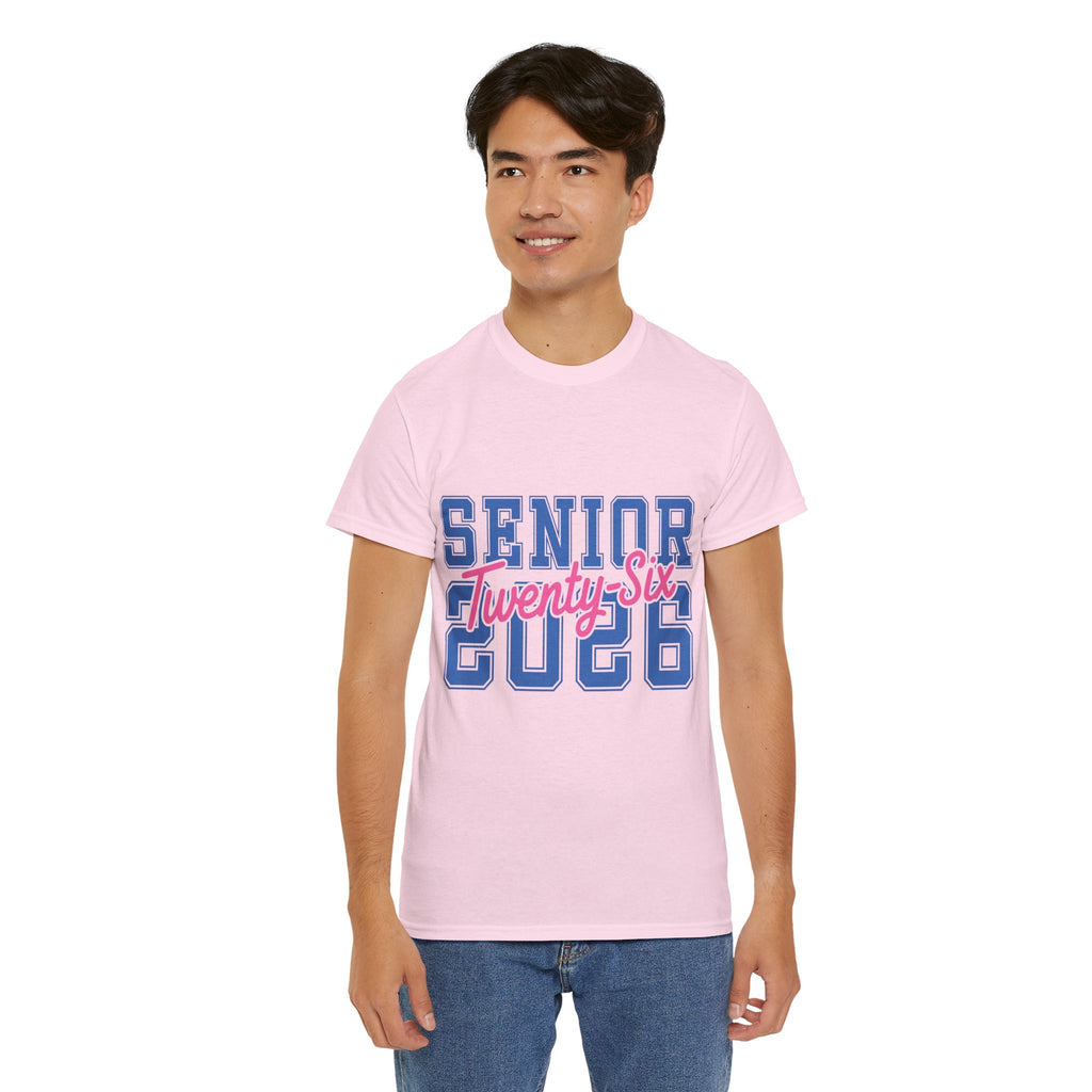 Senior 2026 Tee — Pink Varsity Block with Blue Script Overlay Unisex Cotton Tee