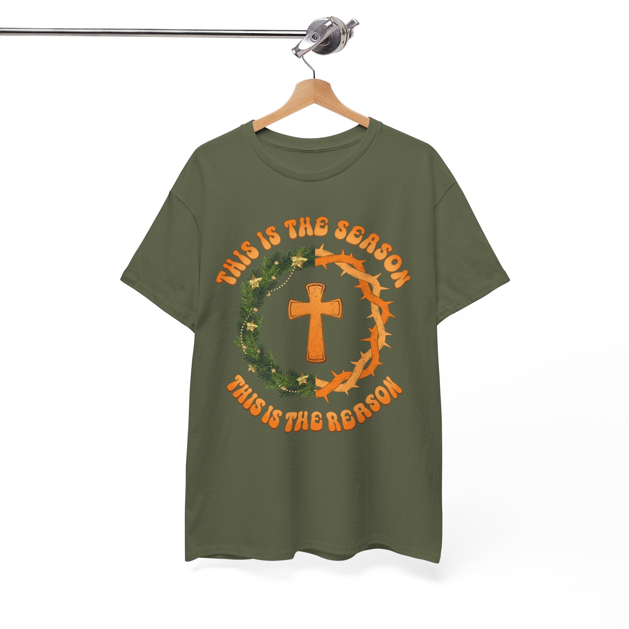 Christian T‑Shirt — "This is the Season, This is the Reason" (Golden Cross, Wreath & Crown of Thorns)..Unisex Cotton Tee