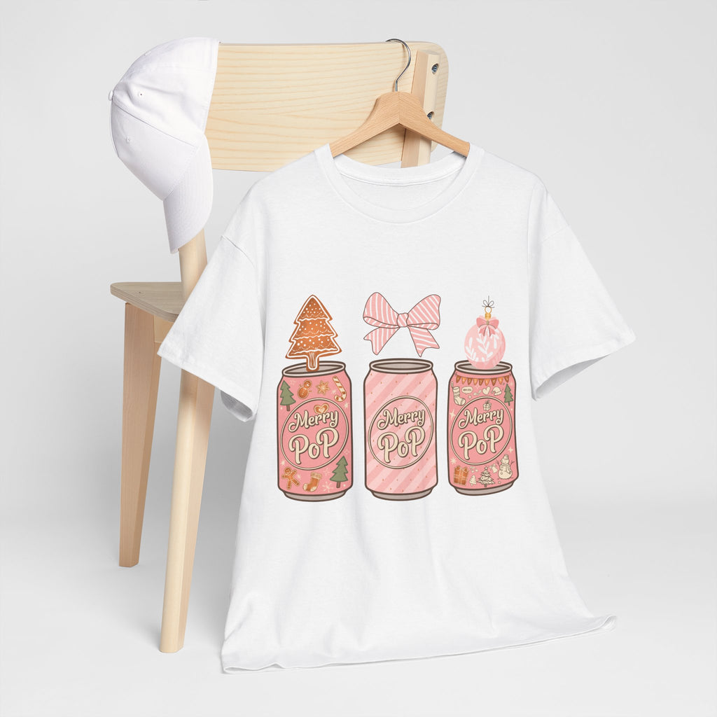 Merry Pop Christmas Soda Can Tee — Pastel Holiday Graphic Unisex Cotton T-Shirt