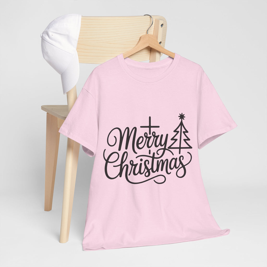 Merry Christmas Script T-Shirt with Cross & Tree(Unisex Cotton Tee)