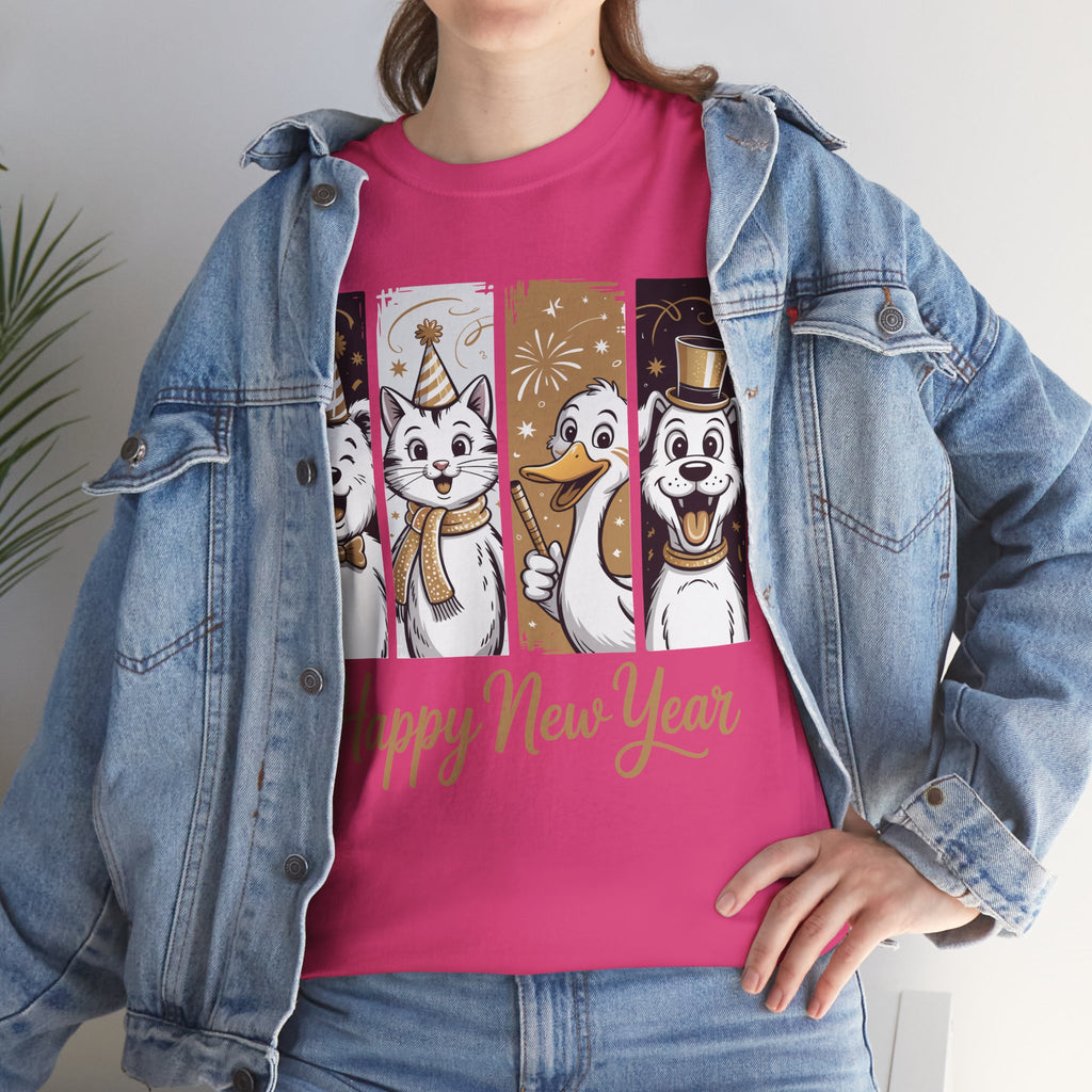 Happy New Year Party Animals T-Shirt — Cute Smiling Animals in Party Hats & Gold Fireworks..Unisex Cotton Tee