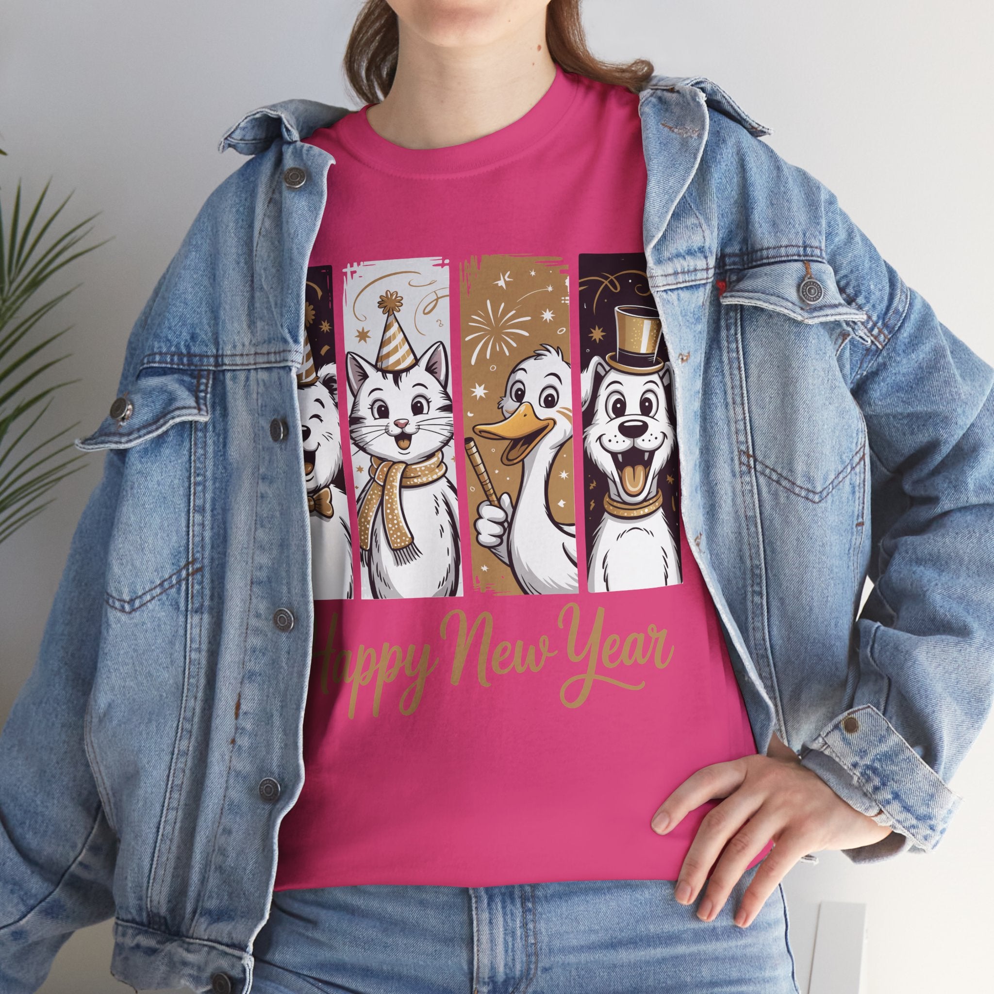 Happy New Year Party Animals T-Shirt — Cute Smiling Animals in Party Hats & Gold Fireworks..Unisex Cotton Tee