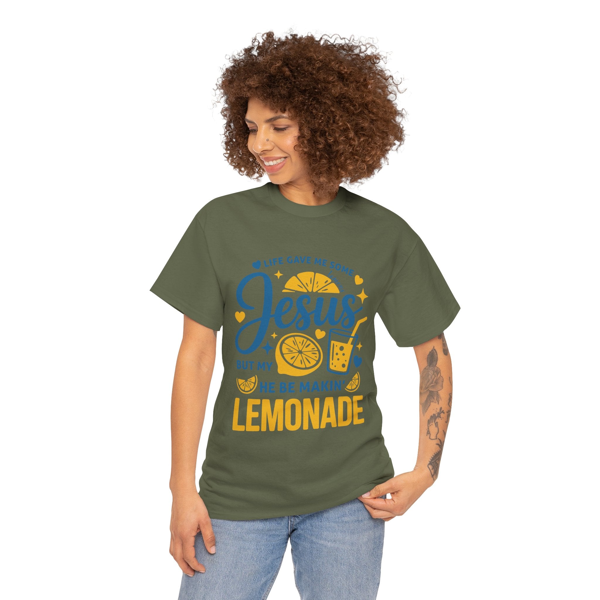 Christian Lemonade T-Shirt — “Life gave me some lemons but my Jesus He be makin’ lemonade”. Unisex Cotton Tee